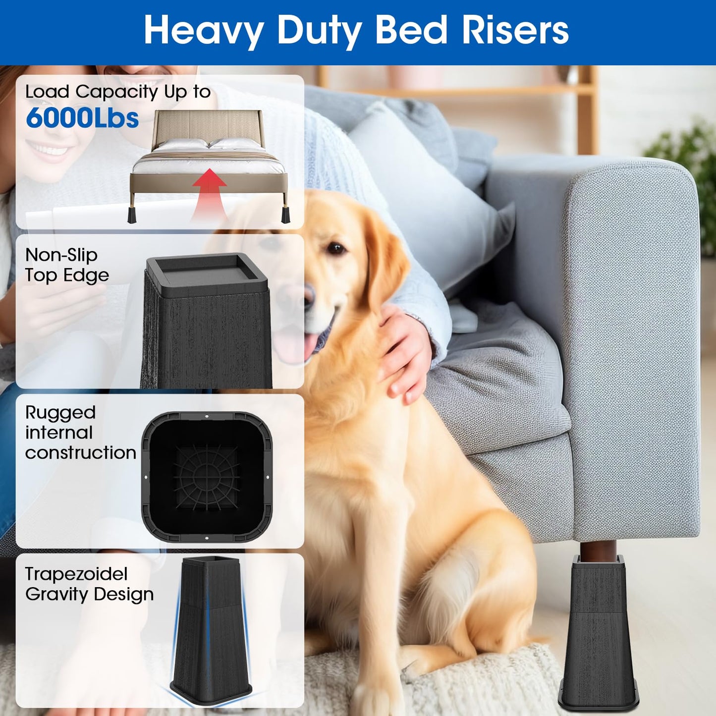 MYMULIKE Bed Risers 12 Inch Heavy Duty, Stackable Furniture Risers Lifts 4inch 8inch, 12inch for Table, Desk Leg, Sofa, Couch, Supports Up to 6,000 Lbs, Black, 4 Pack