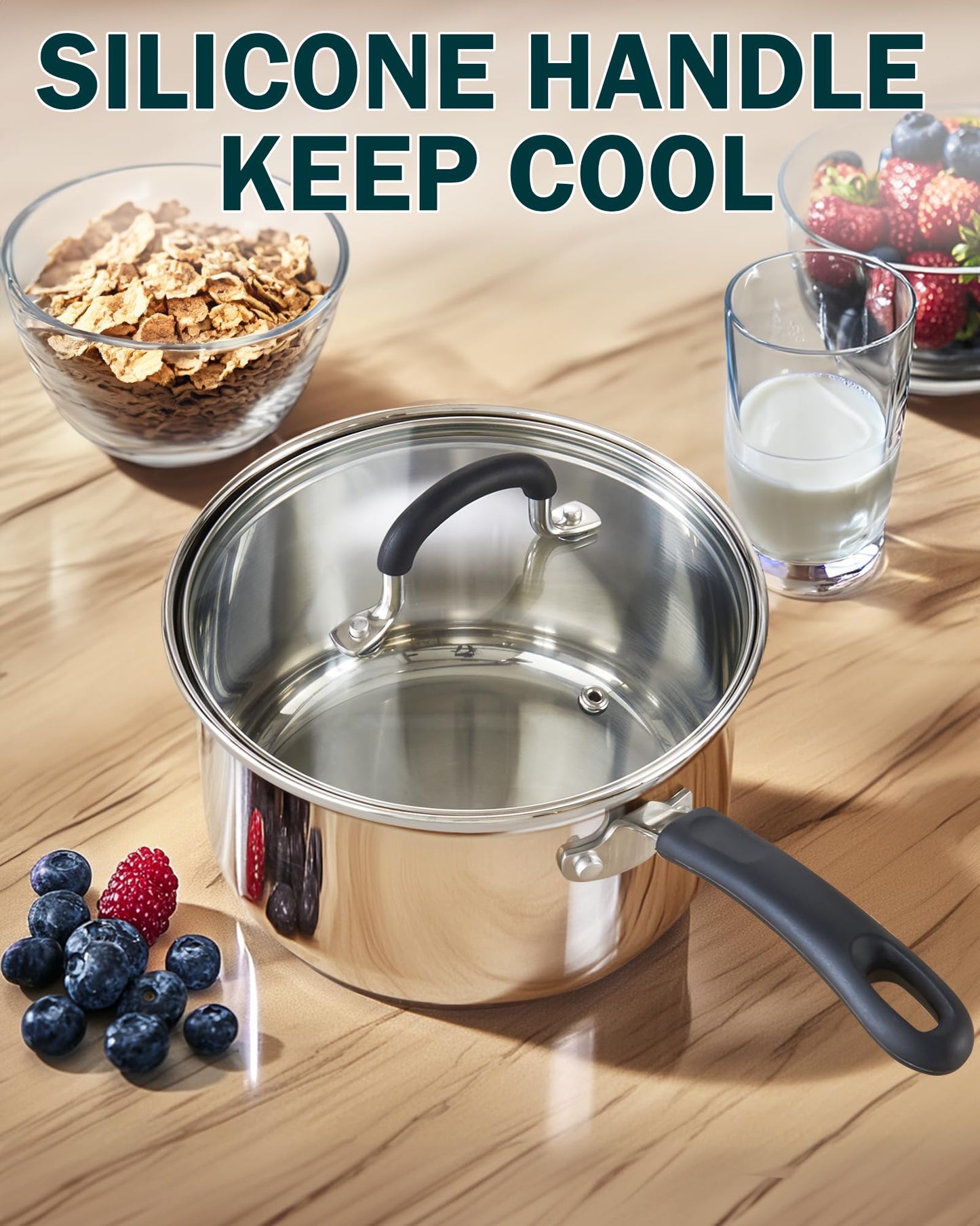 Cook N Home Professional 3 Quart Stainless Steel Saucepan with Lid, Kitchen Induction Cooking Sauce Pot Pan, Stay-Cool Silicone Handle, Dishwasher Safe
