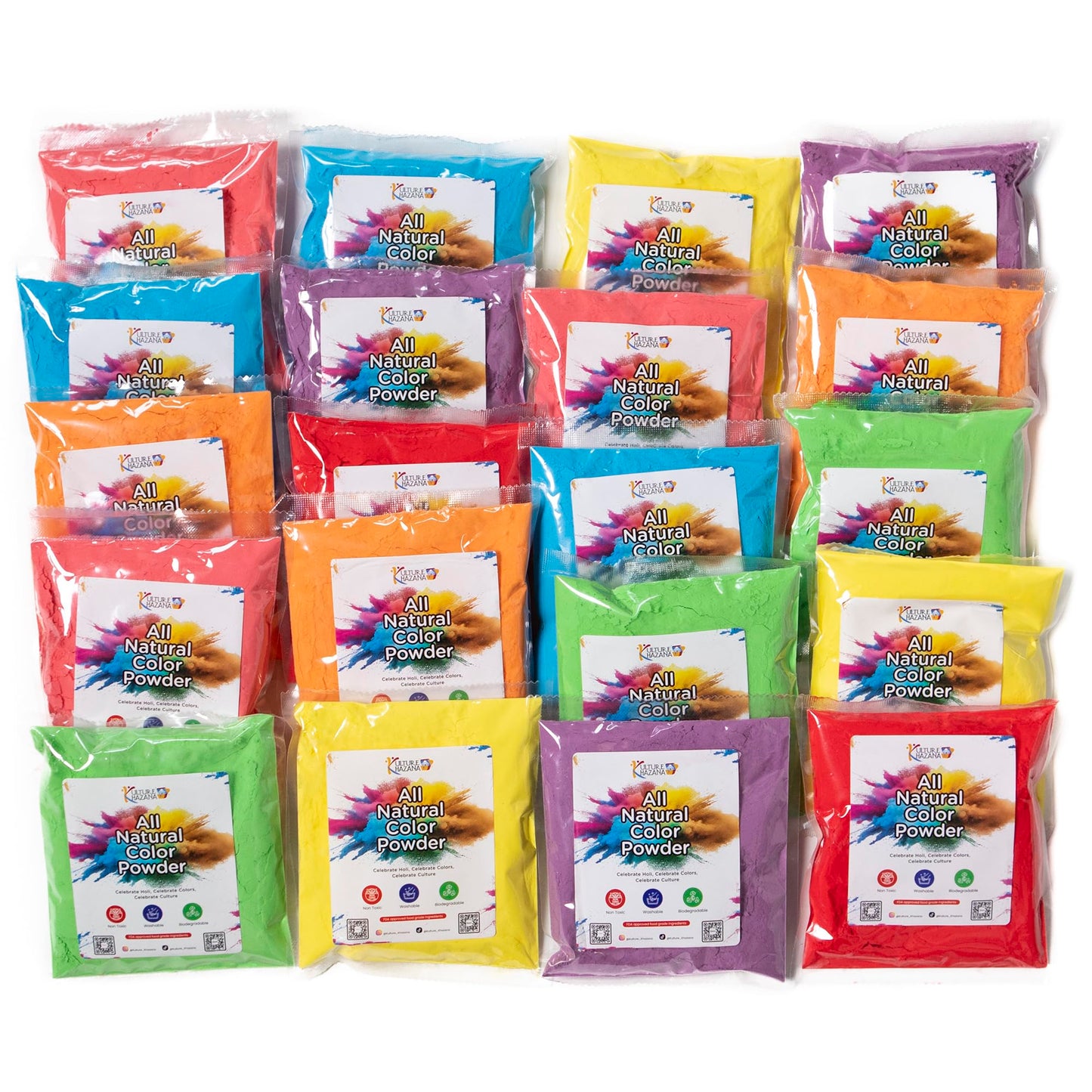 Kulture Khazana Holi Color Powder Toy Kit – All-Natural, Washable, Biodegradable, Non-Toxic – 100g Pack of 20, Perfect for Color Play