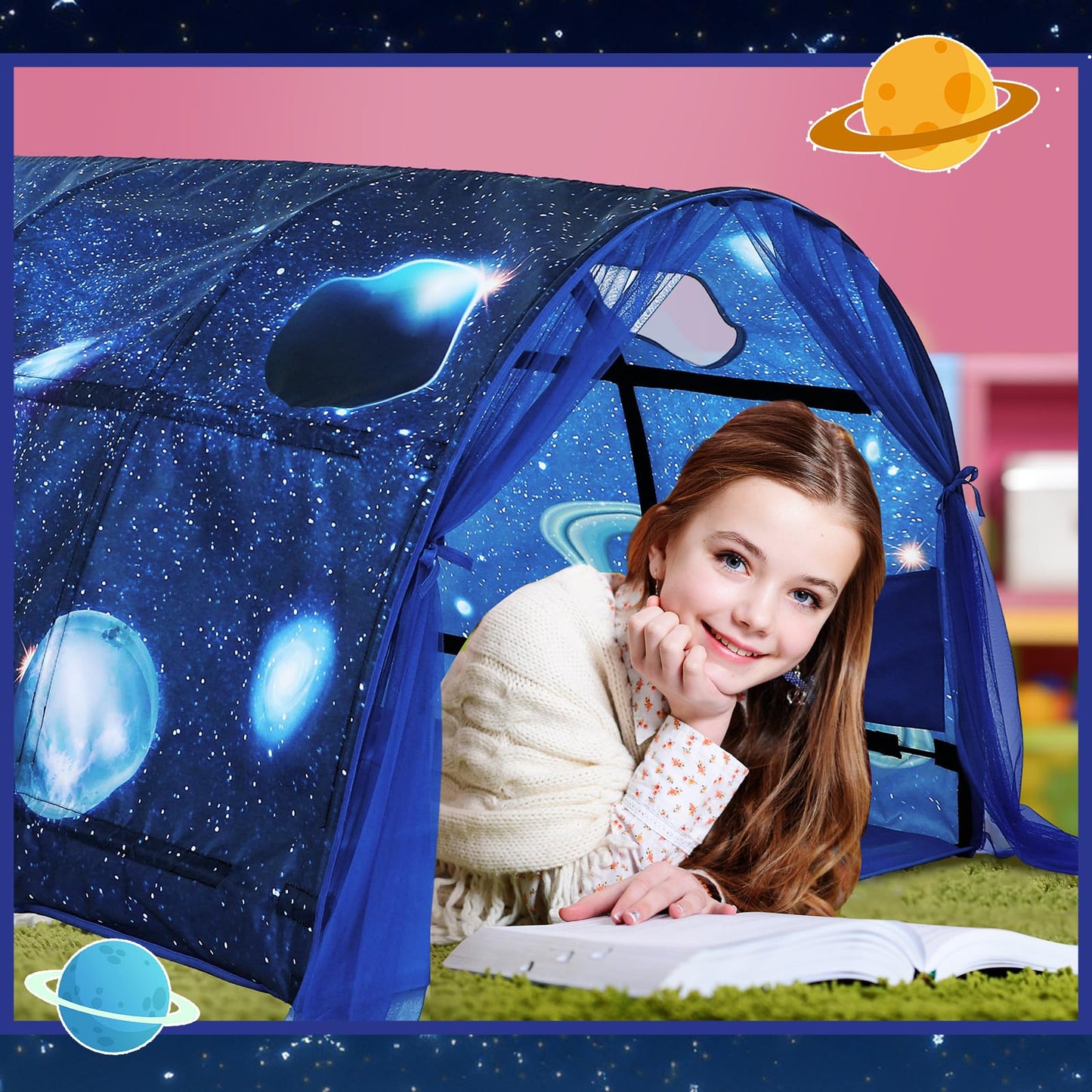 Wowangce Galaxy Bed Tent for Kids Large Kids Twin Tent Toddler Play Bed with Carry Bag Foldable for Girls Boys Bedroom Indoor Games