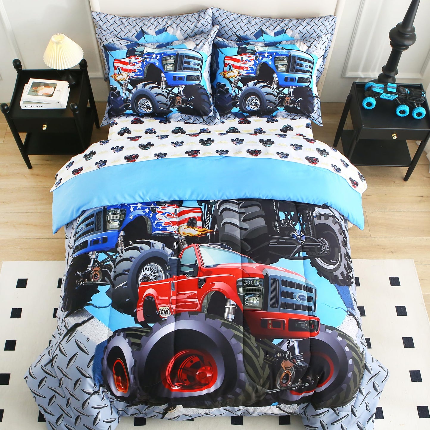 lasoftan Kids' Monster Truck Twin Comforter Set, 5-Piece Soft Fluffy Bed-in-a-Bag with Comforter, Fitted Sheet, Flat Sheet, Pillowcase, Pillow Sham, Deep Pocket 15", All-Season, Monster Jam, Twin