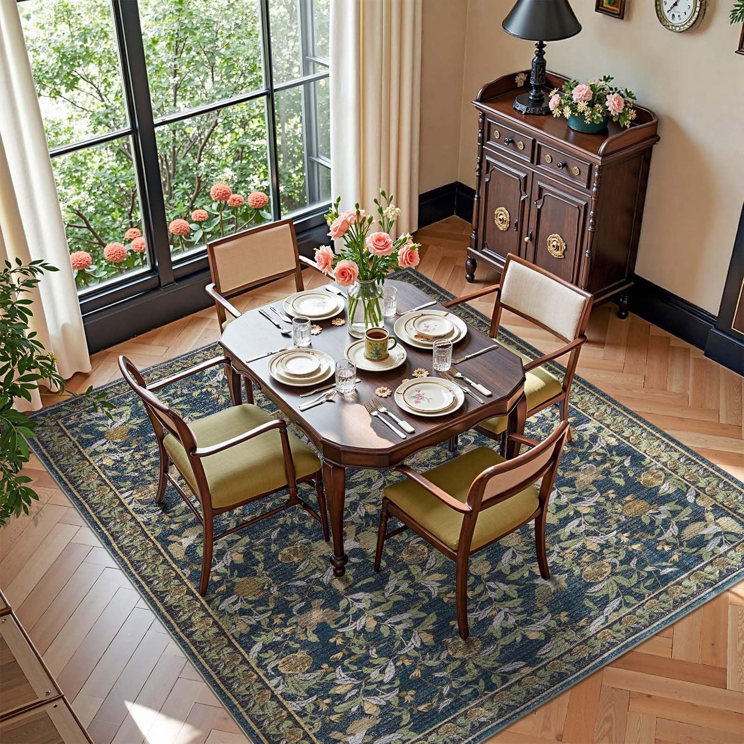jinchan Eden Floral Area Rug 5x7 Washable Vintage Soft Non-Slip Distressed Blue Green Carpet Low Pile Accent Rug for Living Room Kitchen Bedroom Dining Room Nursery