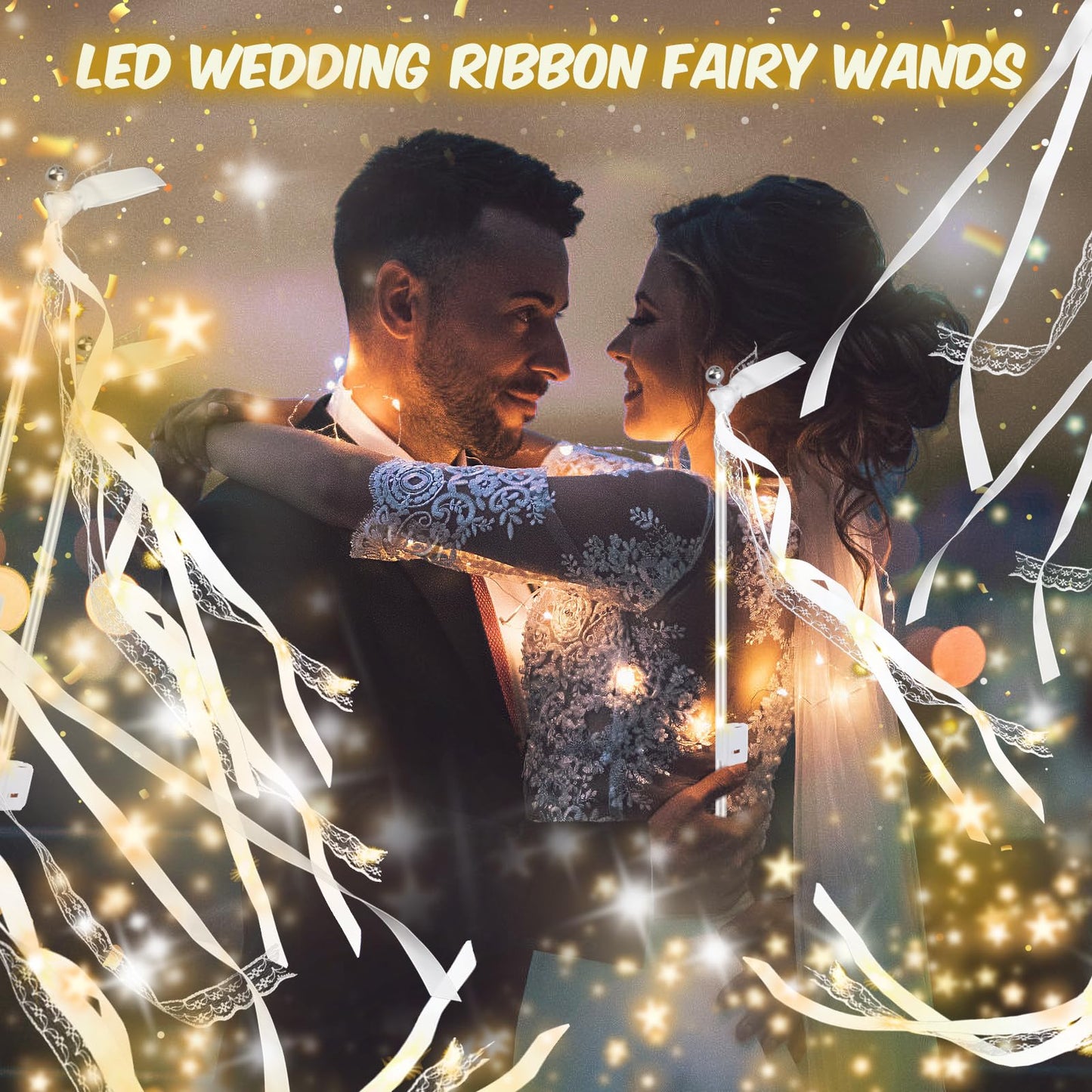 HONLYNE 100 PCS Light up Wands for Wedding, Wedding Wands Streamers with 3 Colorful Flashing Modes, Fairy Wands, LED Silk Fairy Wand with Bells for Wedding, New Year, Raves, Concert, Birthday