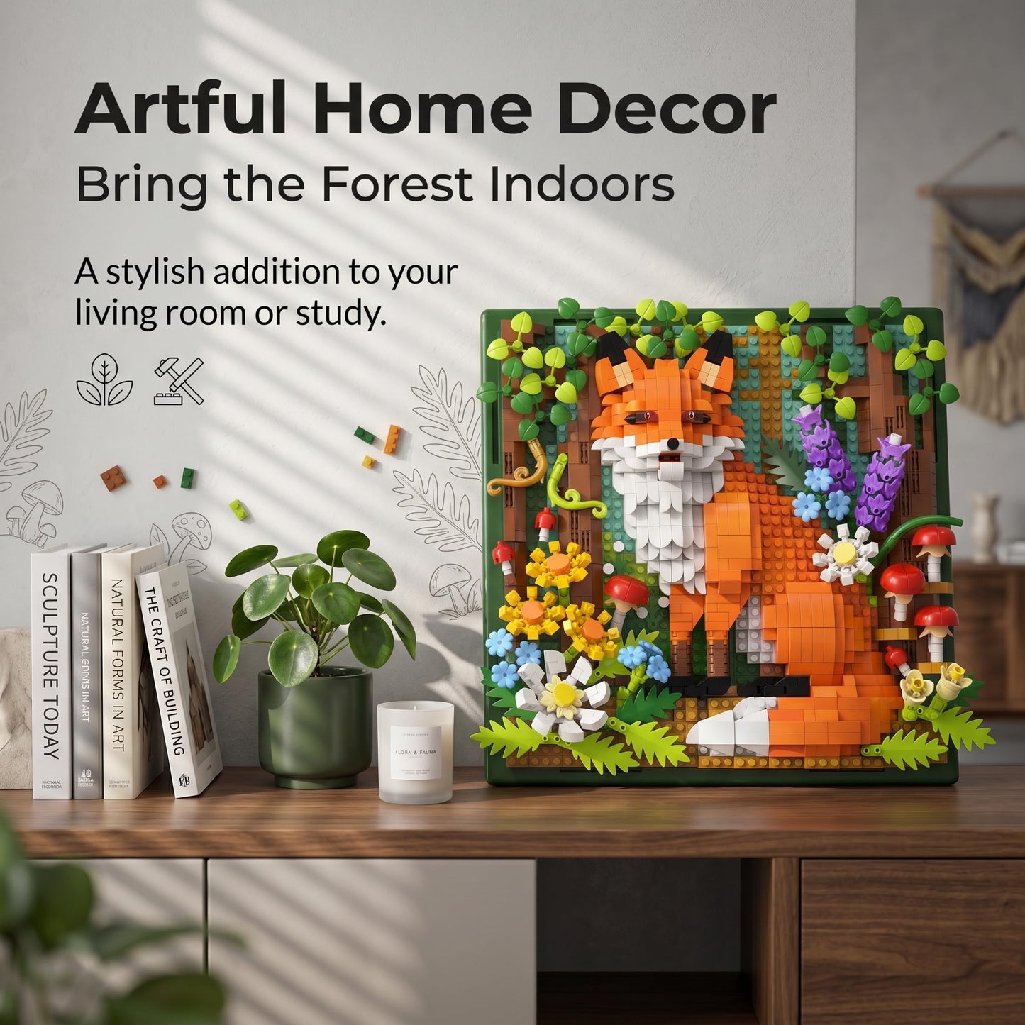 BeepZipp Forest Fox 3D Wall Art Micro Mini Building Blocks Set, 1539 PCS Animal Model Kit for Home Office Wall Decor or Tabletop Display, Unique Birthday Gift for Adults Teens Girls Boys Ages 14+