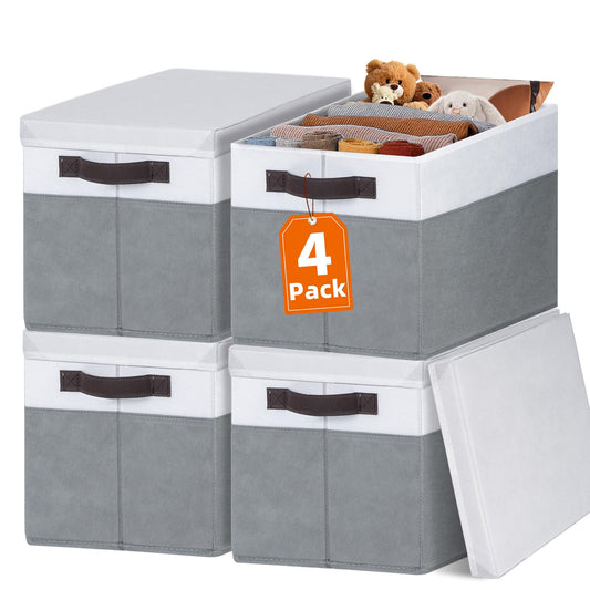 Extra Large Storage Baskets with Lids 4 Pack, 33 QT Throw Blanket Basket for Living Room - Stackable Decorative Closet Shelf Organizers and Storage Box for Organizing Clothes Towels Book - 16x12 in