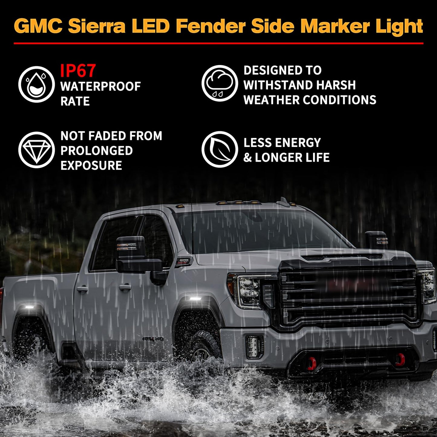 POPMOTORZ 4PCS LED Fender Side Marker Lights for 2020 2021 2022 2023 2024 2025 GMC Sierra 2500HD 3500HD Pickup Truck Front Rear Fender LED Marker Lights Replace OEM Side Marker Lamps