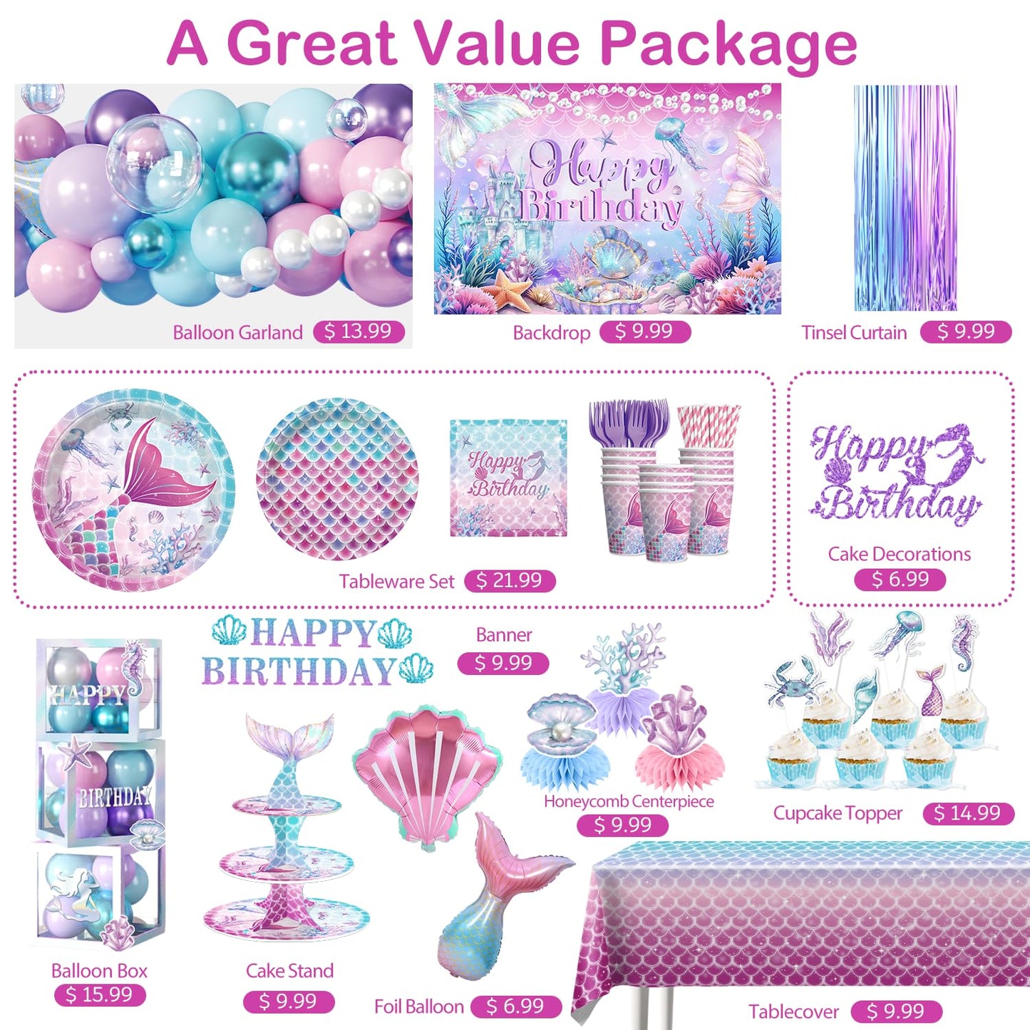295Pcs Mermaid Birthday Decorations Serve 25, Mermaid Party Decorations Include Balloon Garland Arch, Plates, Tablecloth, Cake Topper, Cupcake Stand, Cupcake Toppers, for Under The Sea Party