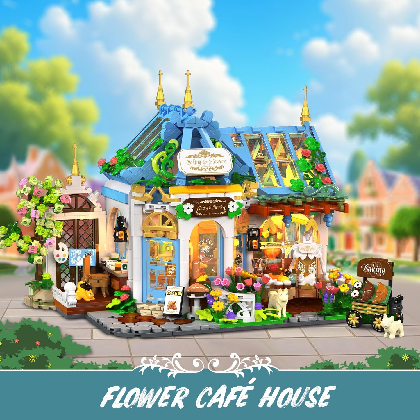 PLAXSOON Flower Café House Building Set with LED, 1520 PCS Botanical Coffee Architecture with Openable Design, Floral Bakery Construction Model for Home Decor, Gift for Adults Women Teens Girl Boy 12+