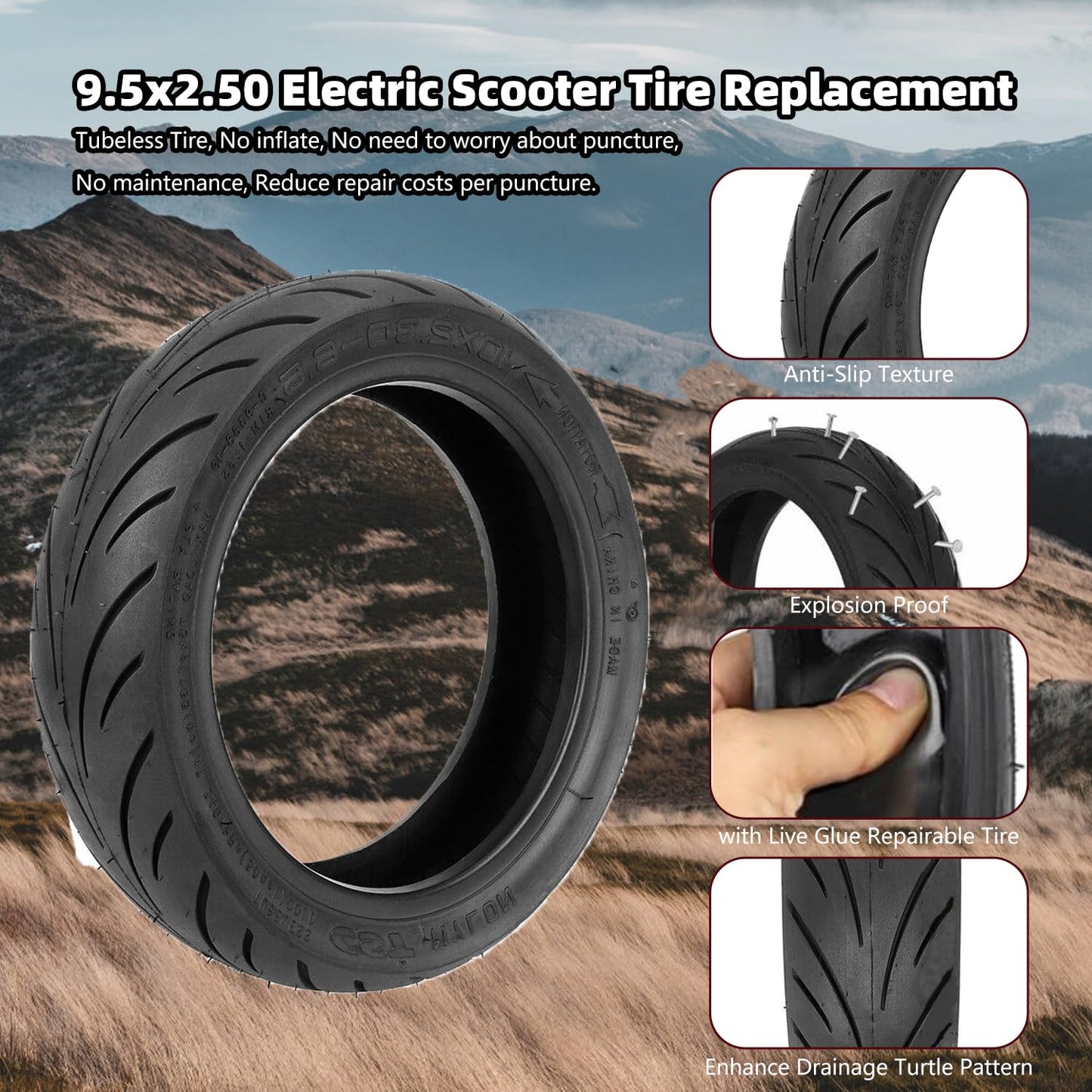 9.5x2.50 Electric Scooter Tire, 9.5 Inch Tubeless tire with Live Glue Repairable Tire, for NIU KQi3 Pro/Max Electric Scooter [Self Repairing] [Tubeless Tires] (2 Pack)