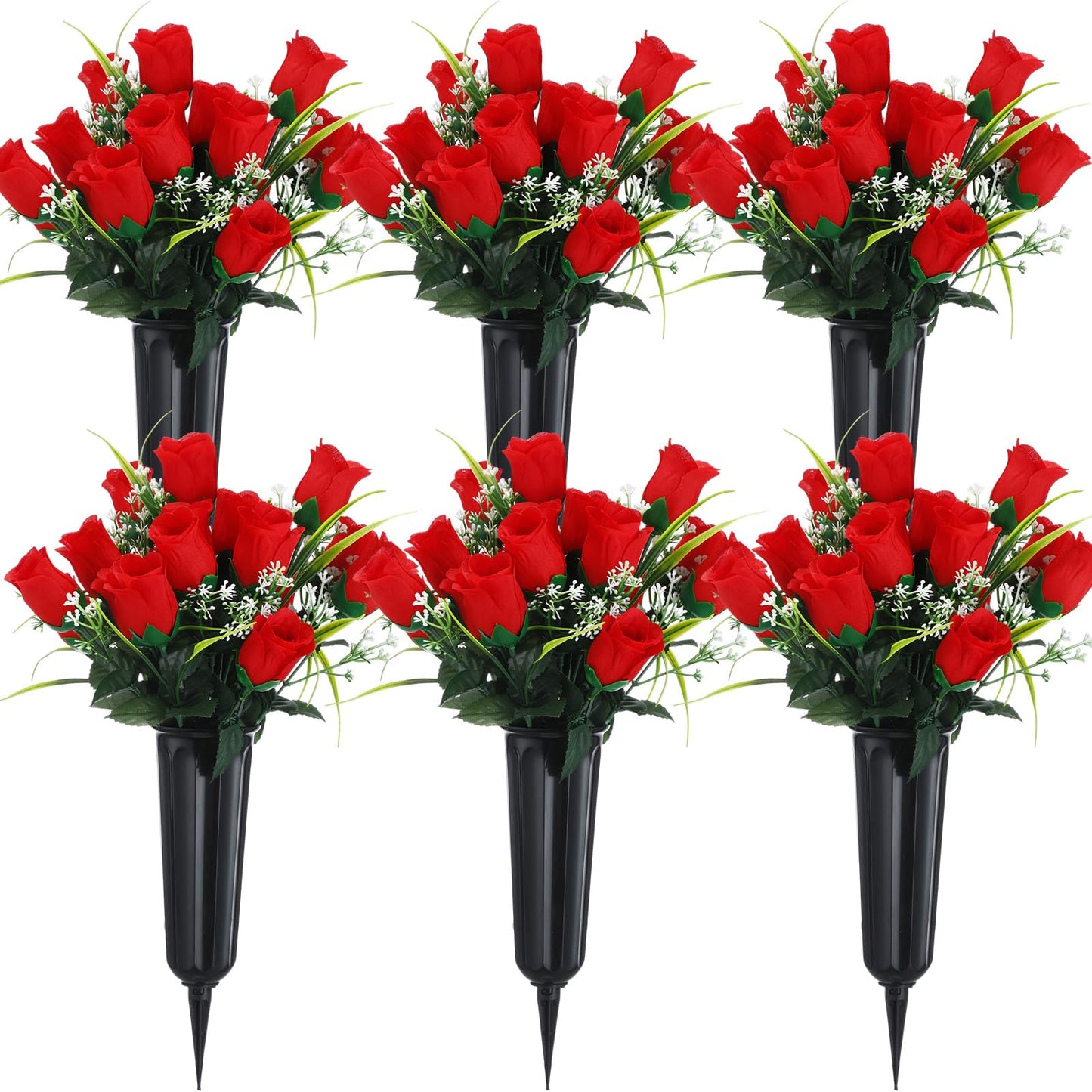 Tigeen 6 Sets Father's Day Cemetery Flowers with Grave Vase 12 Bunches Artificial Rose Memorial Bouquet 84 Heads Fake Silk Flower for Dad Gravesite Graveside Decor(Red)