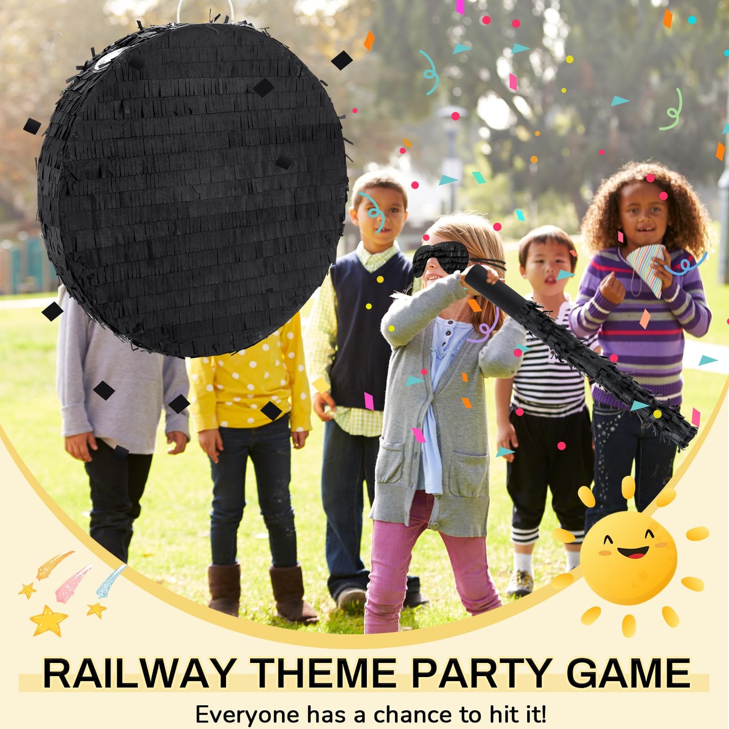 Jenaai 16 Round Blank Piñata with Piñata Stick Bat Blindfold and Confetti for Adults Kids Boys Girls Birthday Carnival Party Supplies to DIY and Create Your Own Piñata(Black)