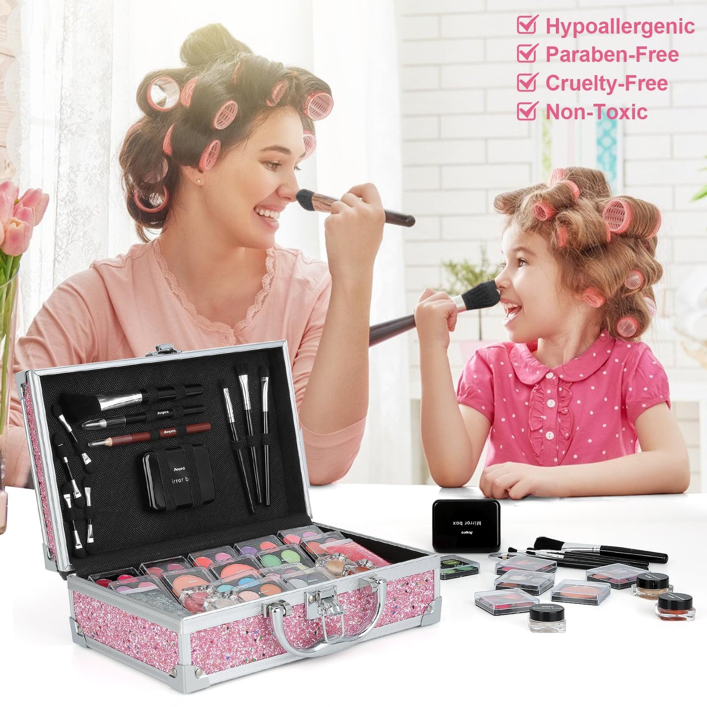 Anpro All-In-One Makeup Carry Case with Pro Teen Makeup Set, Full Starter Cosmetics Kit with Makeup Brushes, Lipsticks, Eye Shadows Palette, Blushes, Glitter Gel-Pink