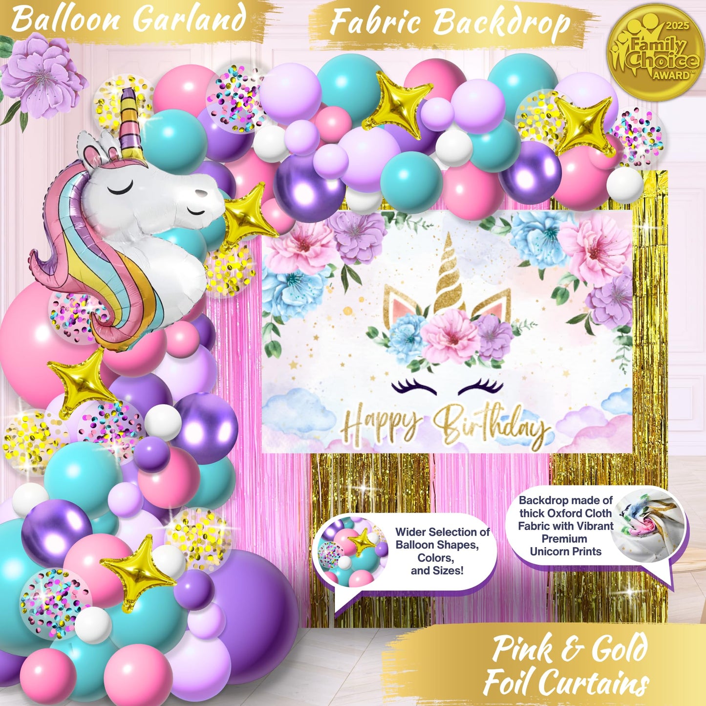 245 Pieces RainMeadow Unicorn Birthday Decorations for Girls Kit, All-in-1 Party Supplies Pack With Balloon Garland, Fringe Curtains, Foil Balloons, Backdrop, Crown, Sash - Pink, Purple, Teal, Gold
