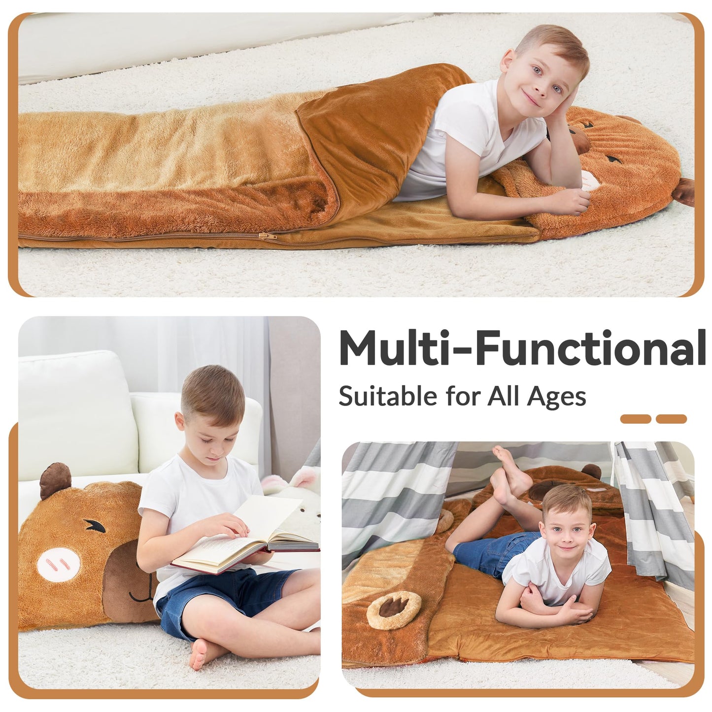 iPlay, iLearn Kid Sleeping Bag, Plush Capybara Slumber Bag, Toddler Girl Boy Nap Mat, 2 In 1 Brown Animal Pillow, Happy Travel Sleepover Daycare Preschool Birthday Gift for Age 3 4 5 6 7 8 10 12 Child