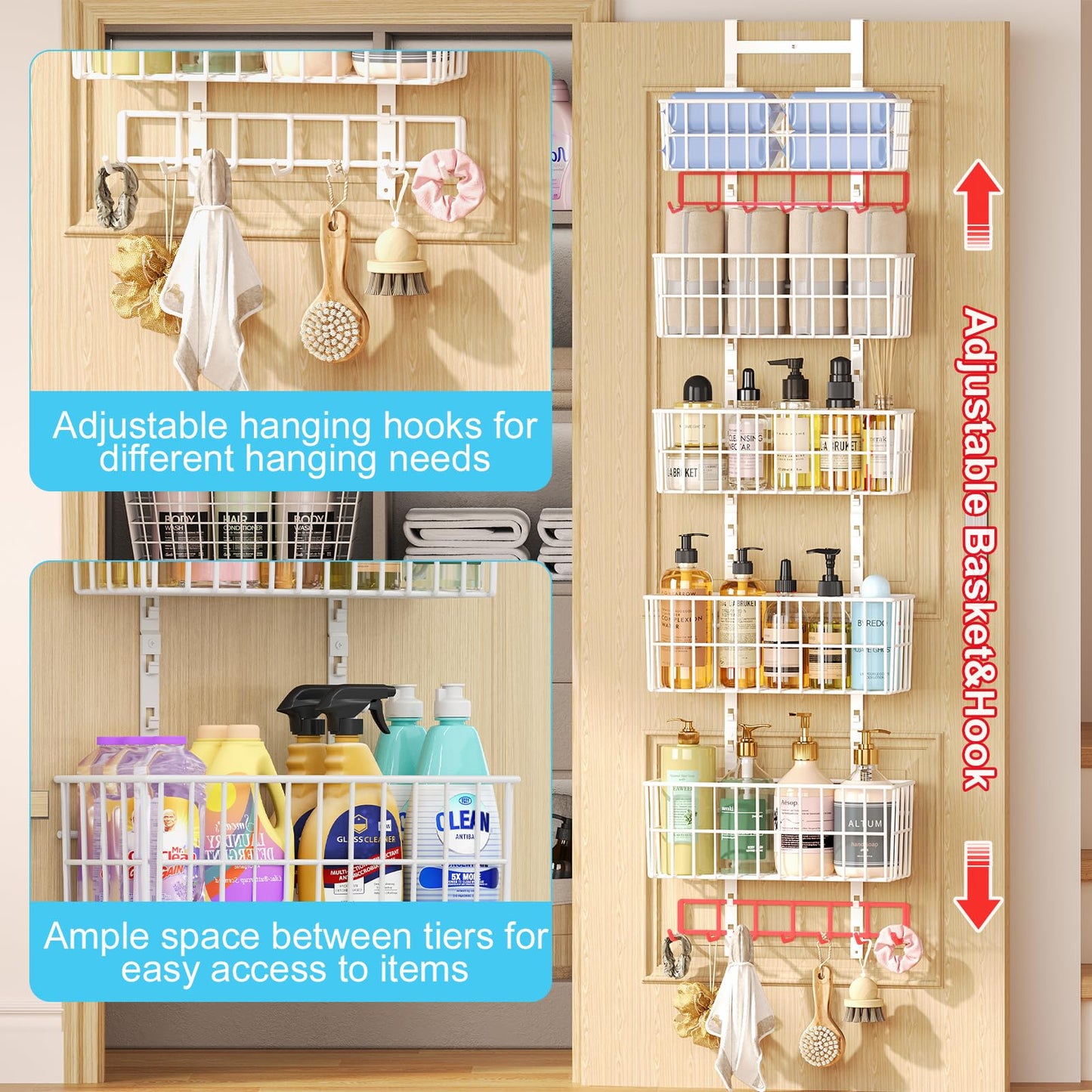Hongtamoya Over The Door Organizer, Hanging Door Organizer with 5 Metal Baskets, Behind The Door Storage for Pantry Closet Bedroom Bathroom Cabinet Kitchen, White