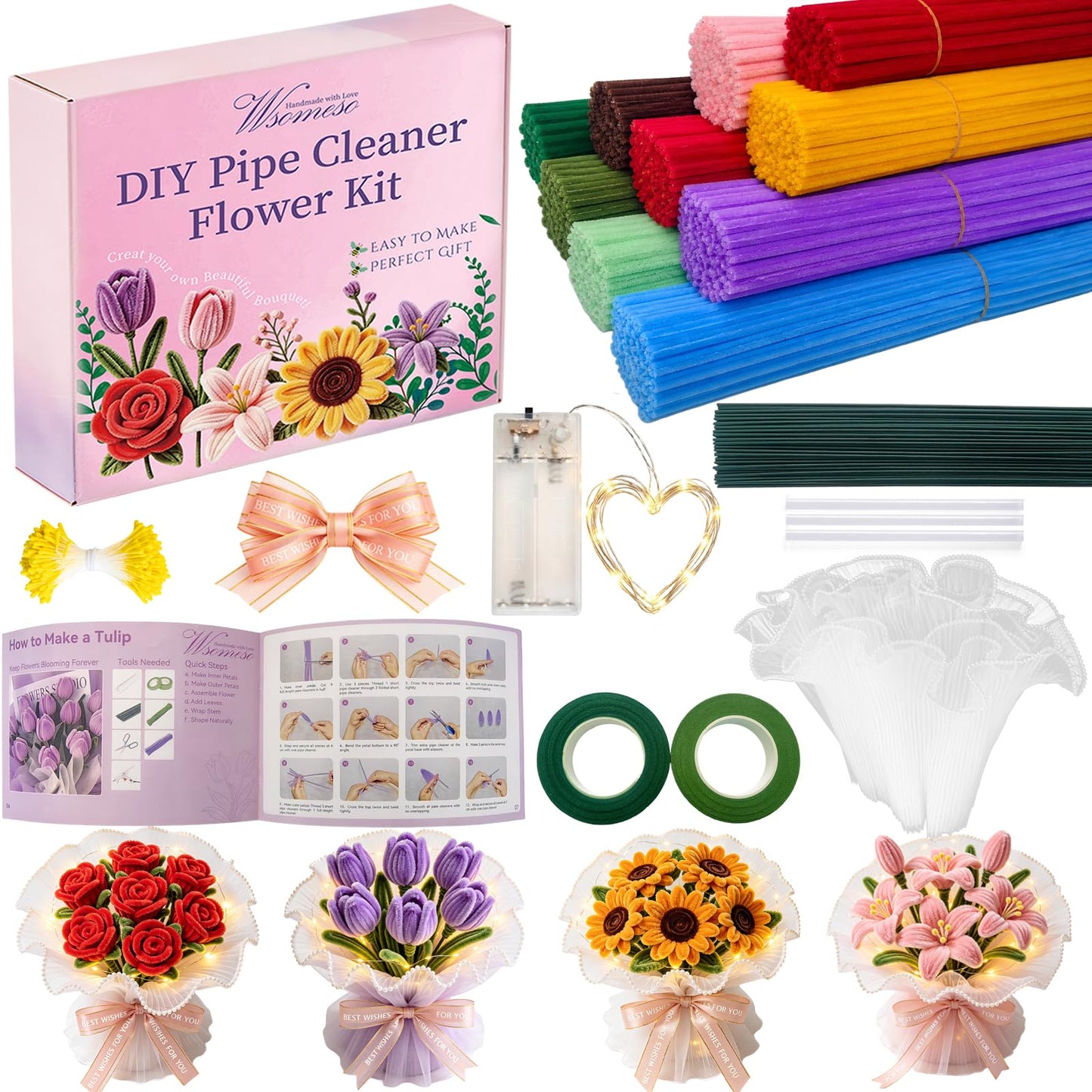 Wsomeso 600 PCS Rainbow Pipe Cleaners Flower Kit with Fairy Lights, Chenille Stems for Pipe Cleaners Craft, Tutorial Book & Video, Pastel Pipe Cleaners Bulk DIY Craft for Adults & Kids Gift
