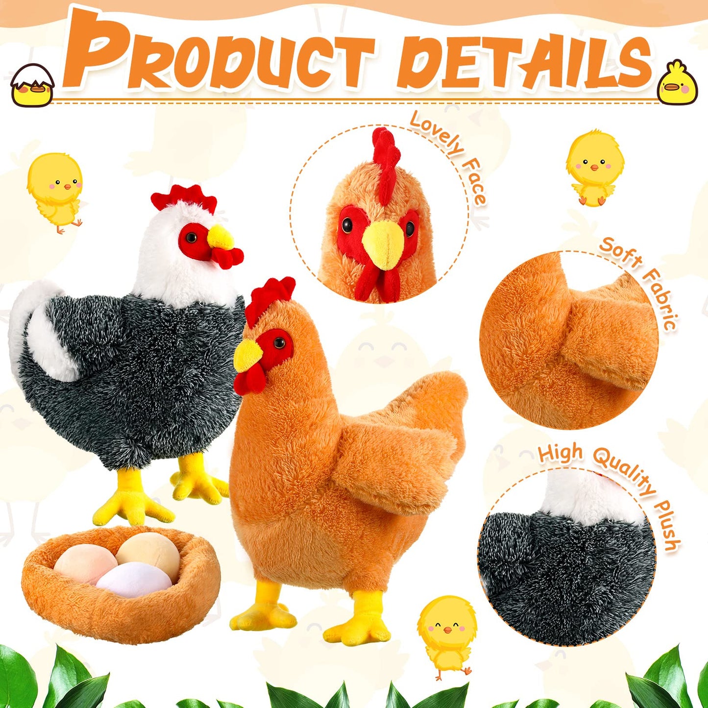 Civaner 2 Pcs 12 Inch Buffy the Hen Chicken Stuffed Animal Gift Cute Easter Chicken Plush with Eggs Large Chicken Plush Easter Party Favor Birthday Supplies