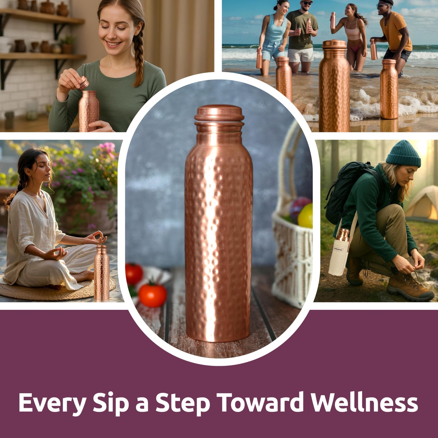 LIVINGNISH Premium Pure Copper Water Bottle for Drinking – Extra Large 34 Oz Wide Mouth, Hammered Ayurvedic Copper Water Bottle with Straw – Handcrafted Leak-Proof Vessel, Reusable & BPA-Free
