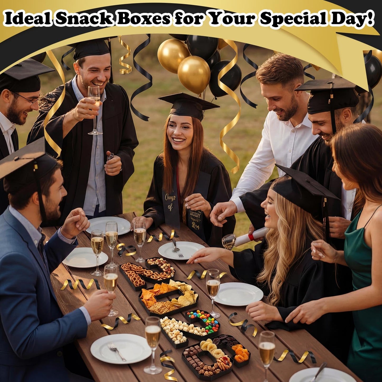 Mooliwe 4 Pcs 2026 Graduation Fillable Numbers for Charcuterie Class of 2026 Cardboard Number Grad Charcuterie Board Serving Trays Graduation Food Box for Tray Party Supplies(Black)