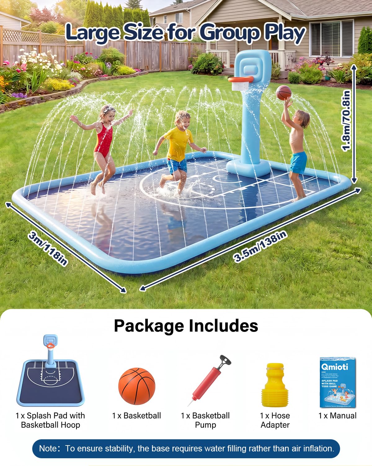 Qmioti 3-in-1 Splash Pad for Kids & Dogs, 138 x 118'' Large Sprinkler Pad with Basketball Hoop, Foldable Play Mat, Pool Summer Outdoor Water Toy