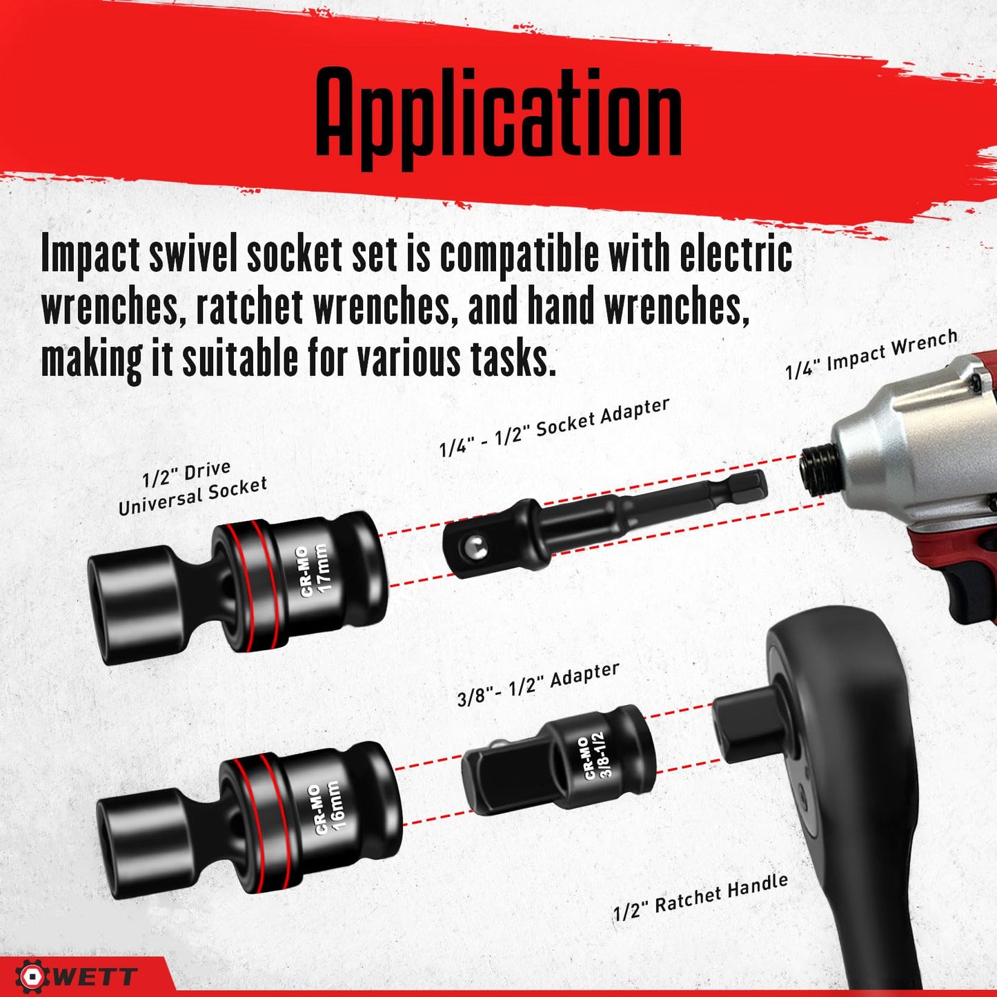 WETT 18-Piece 1/2" Drive Shallow Impact Universal Joint Socket Set, Metric Swivel Socket Set (10-24mm), Flexible Wobble Sockets with 3", 6" Extension Bar, Adapter, 6 Point, CR-MO Steel