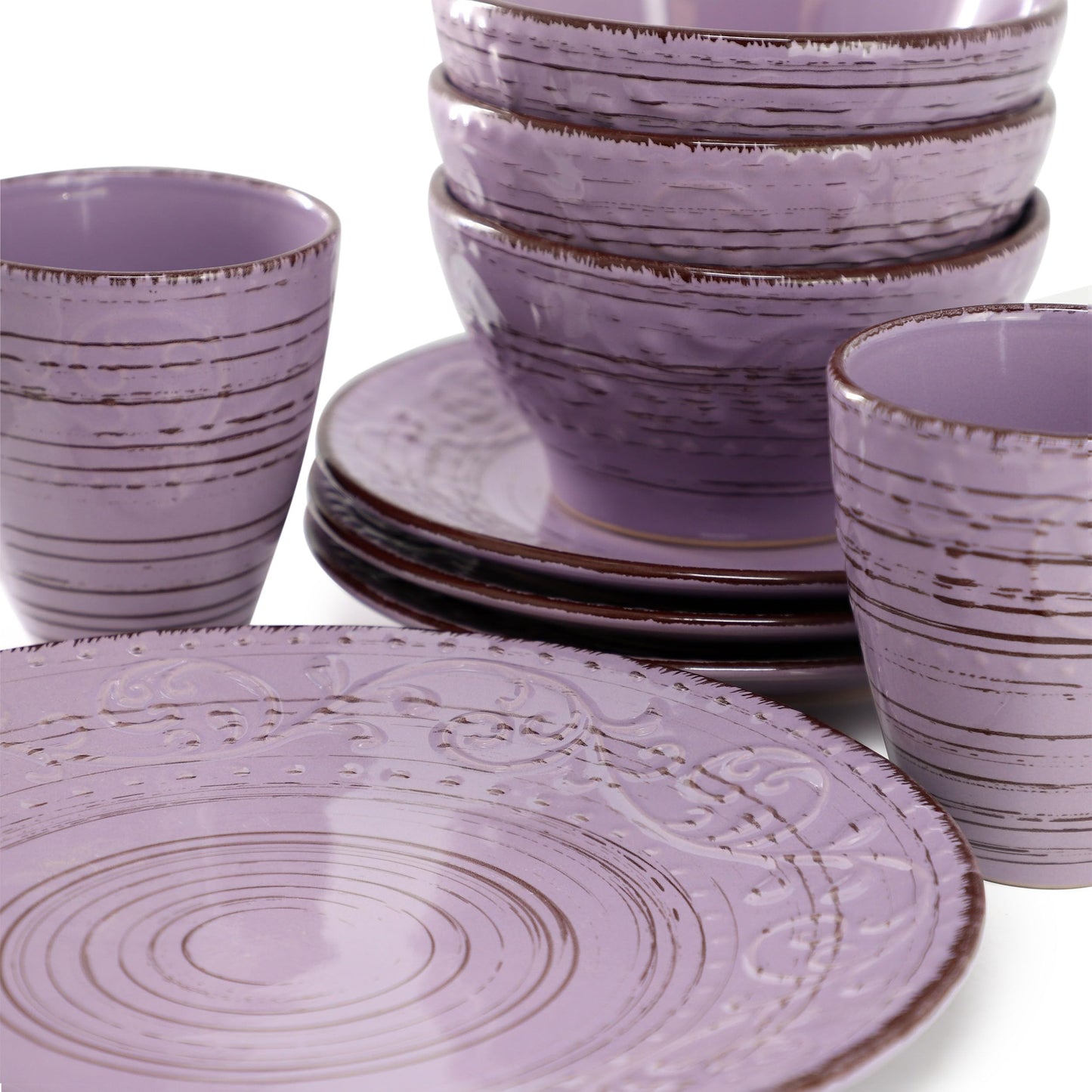 Elama Malibu Mica 16-Piece Stoneware Embossed Pattern Reactive Glaze Purple Dinnerware Set, Tableware, Serveware Set (Mica Purple)
