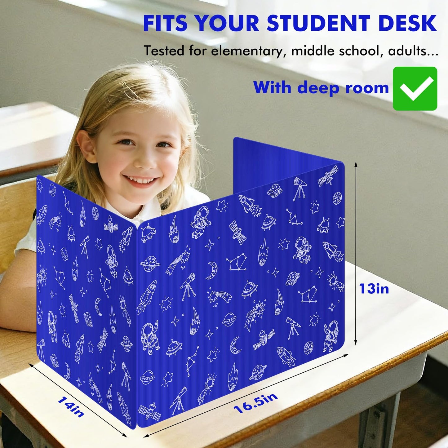 Blue 24-Pack Desk Dividers for Students, Space Style Plastic Study Carrel Divider, Durable Testing Dividers for Classroom Teacher Supplies, Easy to Clean Privacy Shield Folder Boards for Student Desk