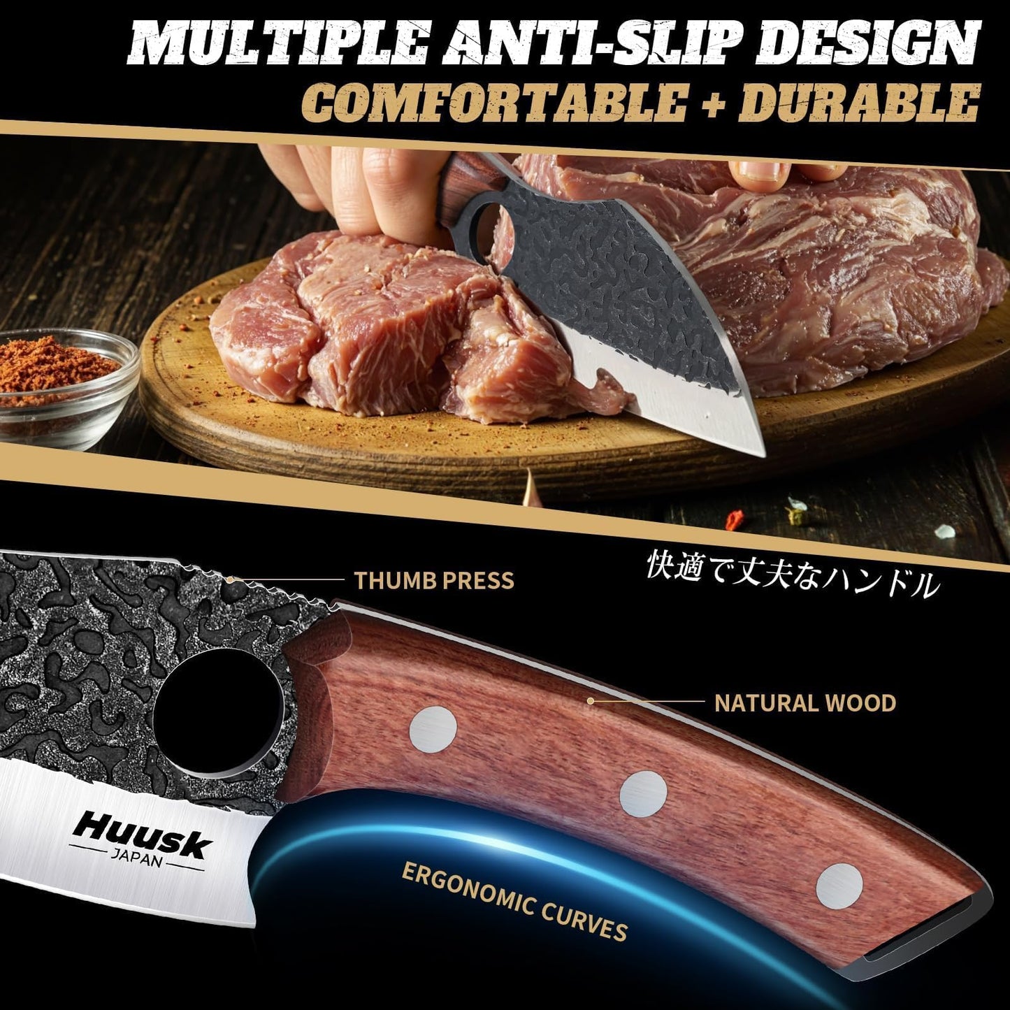 Huusk Butcher Knife Set of 3- Japanese Knife Set for Meat Cutting, Hand Forged Viking Knives Sets with Meat Cleaver, Heavy-Duty Kitchen Knives Sets for Bone BBQ Vegetable, Gift Idea for Men & Women