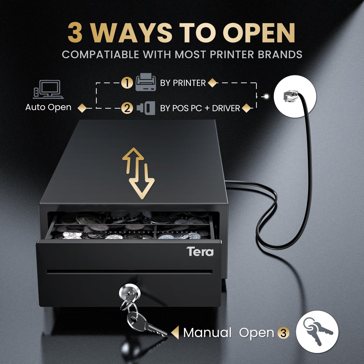 Tera Cash Register Drawer 8" Mini: 4 Bill 6 Coin Small Cash Drawer Auto Open with Media Slot 24V RJ12 Cable for POS System Key-Lock Removable Coin Separators for Small Business Retail Counter 208