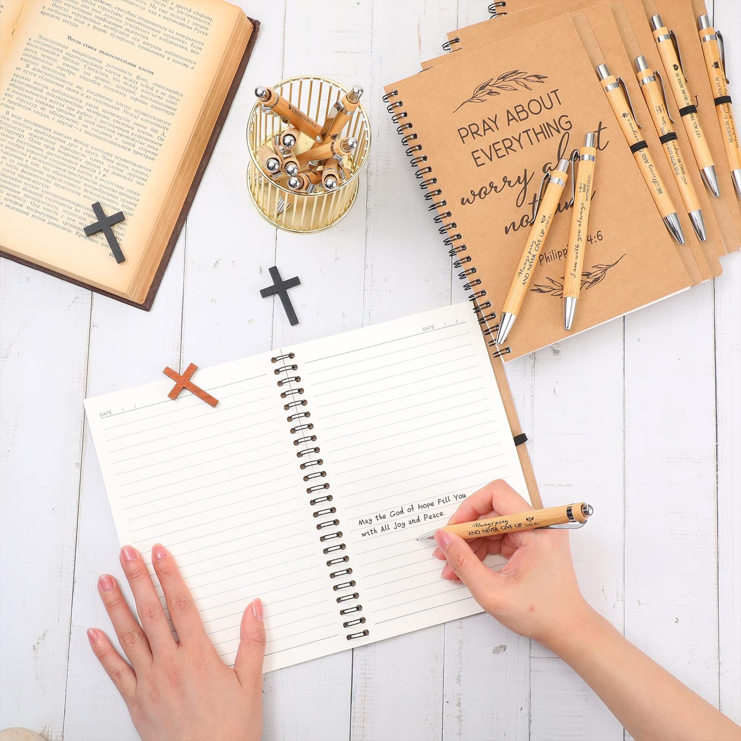 Kosiz 60 Pcs/ 30 Set Father's Day Christian Gift Bulk A5 Spiral Notebook 5.5"x8.3" Christian Prayer Journal Bible Ballpoint Pen Fathers Day Religious Gift for Men Sunday School Church Member (Brown)