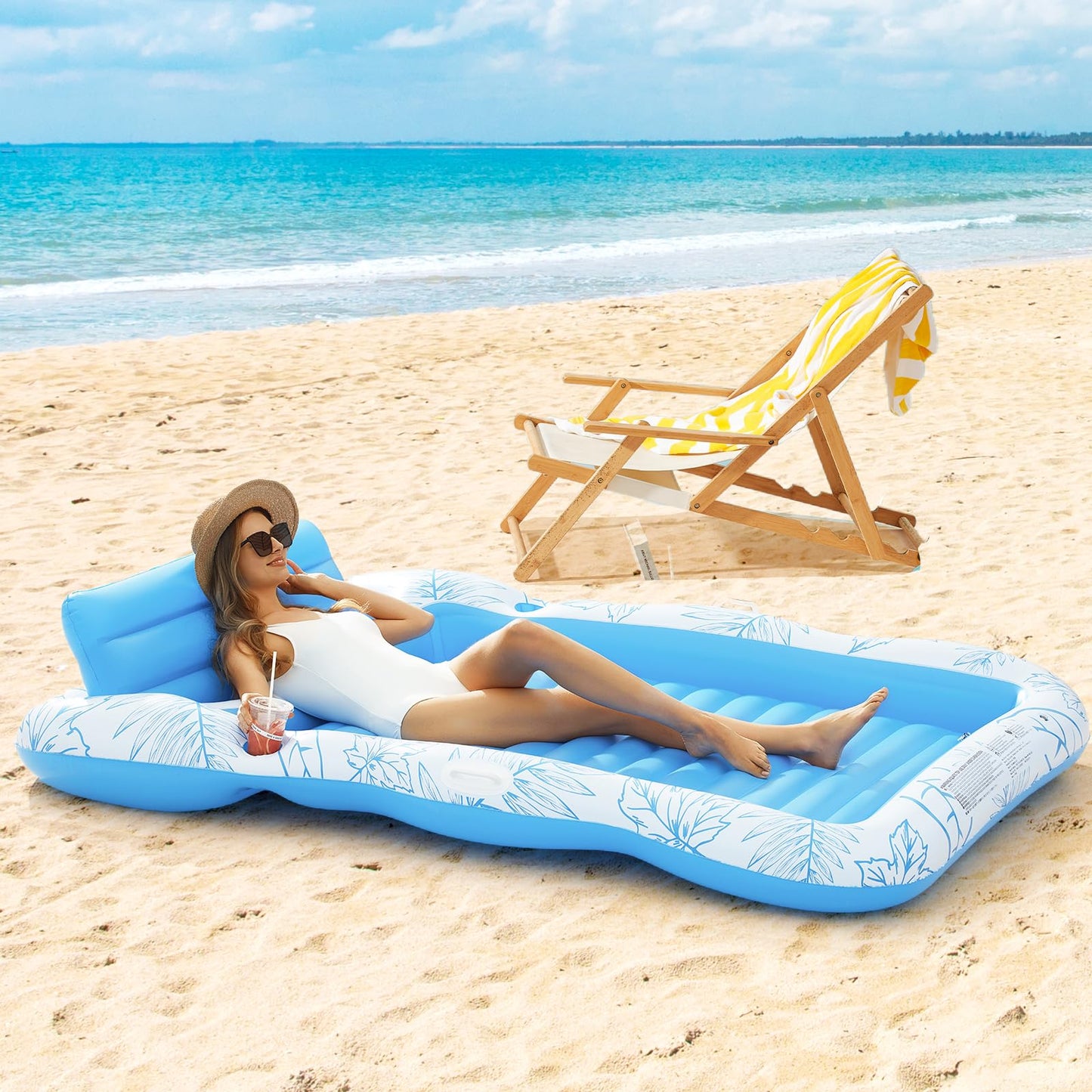 Inflatable Adult Pool Lounger Float - BAIAI Large Beach Sun Tanning Floats Raft Sunbathing Water Lounge Floaties Tub with Drink Holder - Blow Up River & Lake Suntan Floating Swimming Mattress Mat(L)