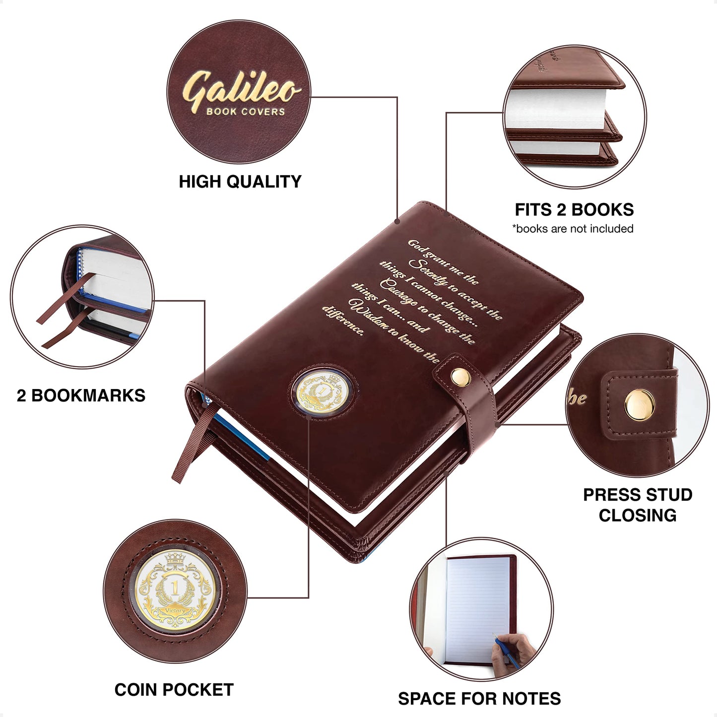 GALILEO® Double AA Big Book Cover & 12 Steps & 12 Traditions | Perfect Gift | Alcoholics Anonymous (Snap Button Closing/Brown)