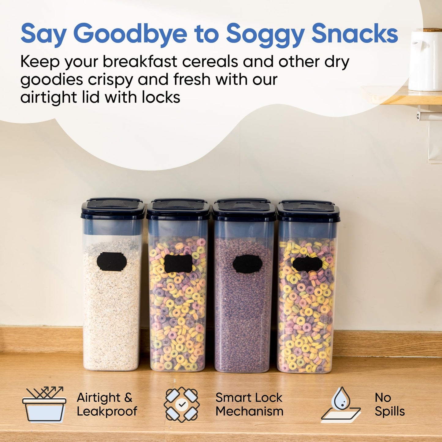 Chef's Path Airtight Food Storage Containers - Pack of 4 (4L/135.3oz) - MULTISPOUT Design for Kitchen & Pantry - BPA-Free Cereal Containers with Bigger Spout Mouth for Easy Pouring
