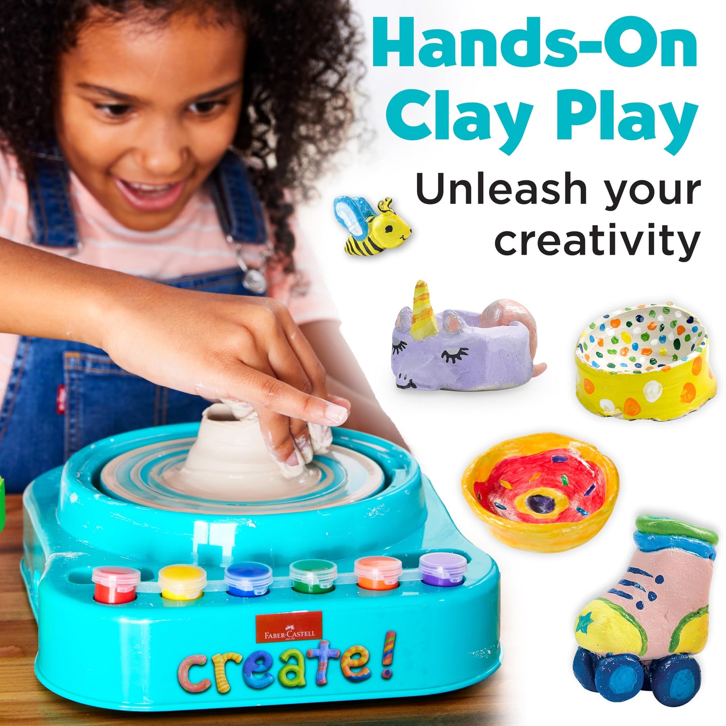Faber-Castell Pottery Studio - Kids Pottery Wheel Kit for Ages 8+, Complete Pottery Wheel and Painting Kit for Beginners, 3 lbs of Sculpting Clay and Tools