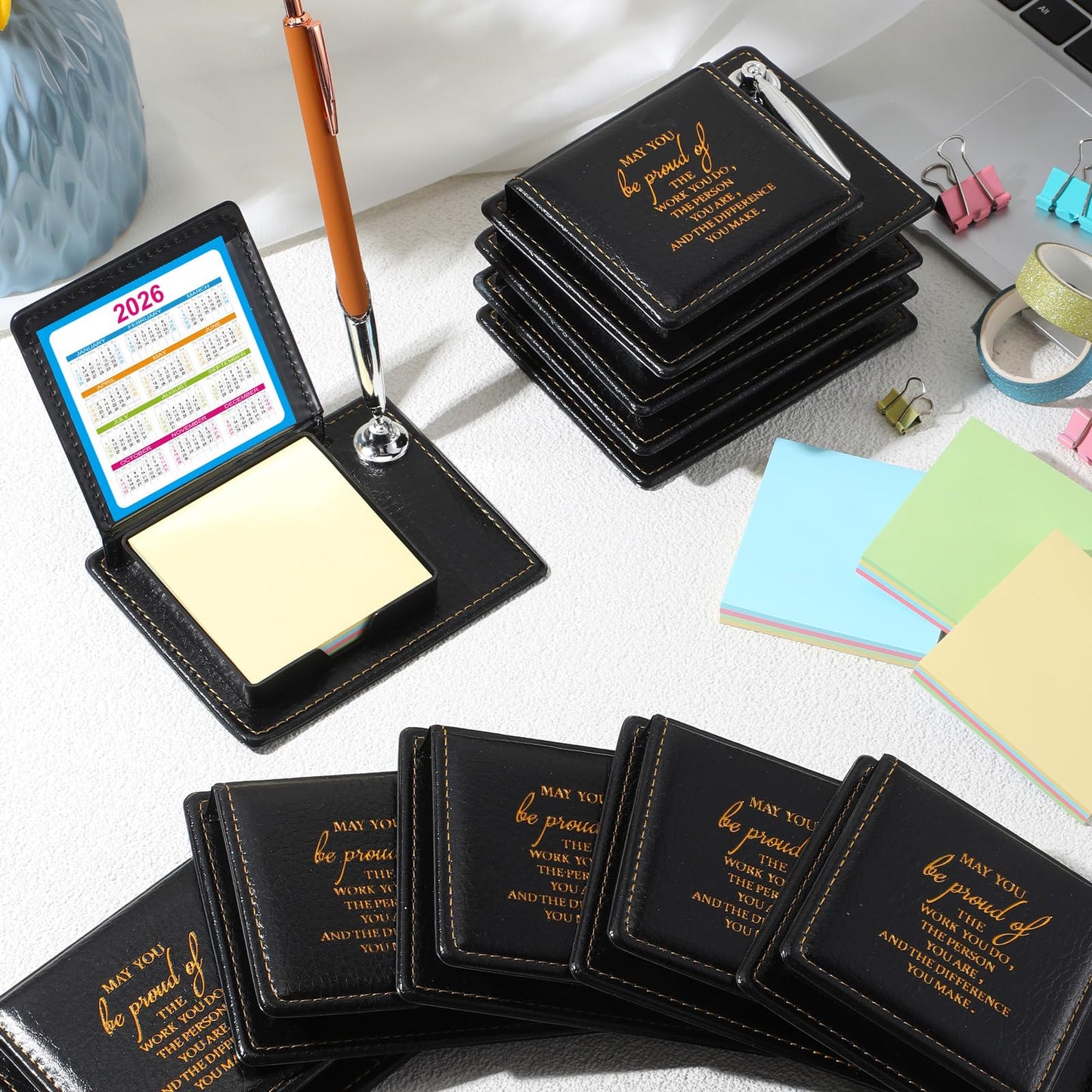 Tenceur 20 Pcs Appreciation Sticky Note Holder Gifts Bulk, Inspirational Thank You Sticky Note Holder, PU Leather Memo Box with Calendar for Women Men Emoloyee Coworkers Office Team