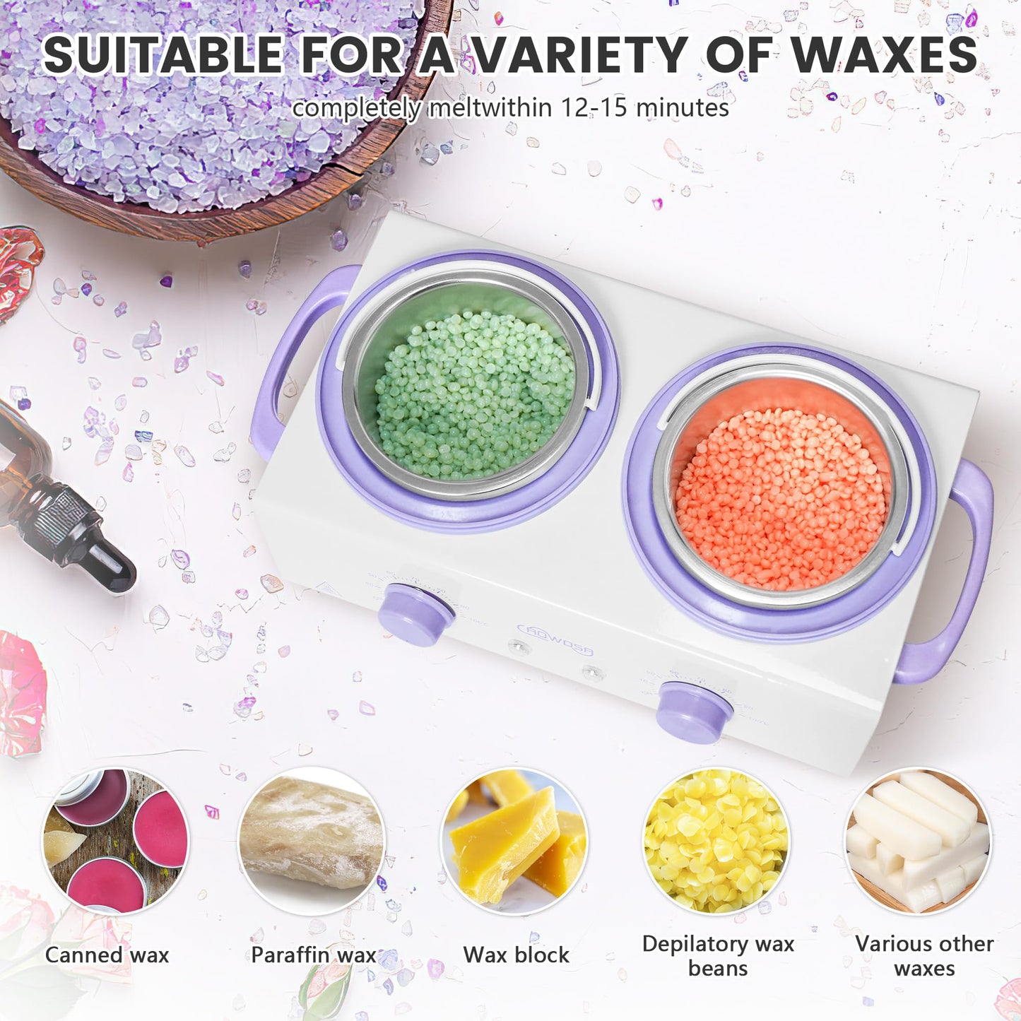Professional Waxing Kit Wax Warmer Double Pot Wax Heater Machine for Hair Removal, Large Wax Pot for Spa Salon Beauty Esthetician Home, with Non-Stick Easy Clean Pot, 50 Wax Sticks & 20 Collar