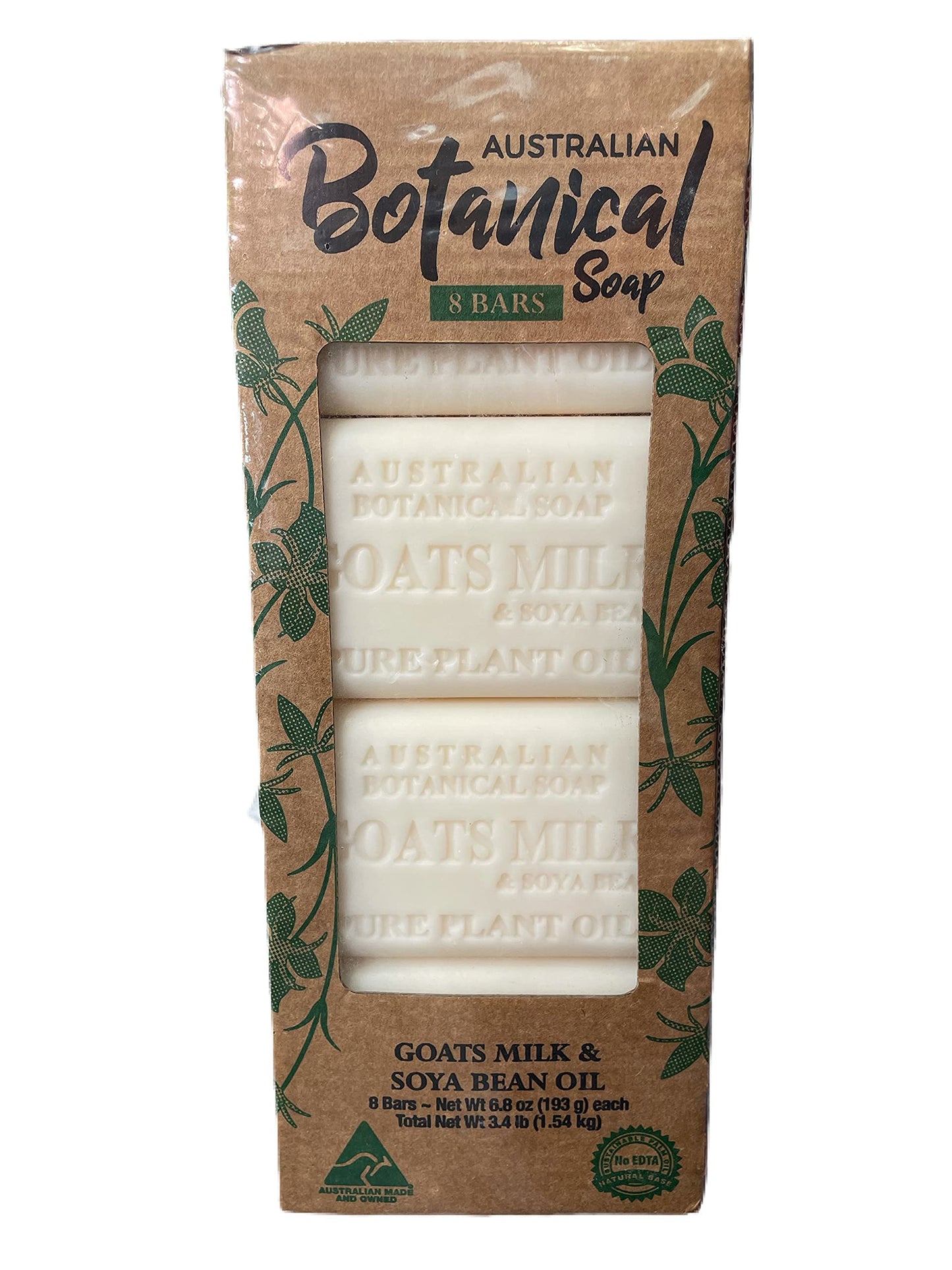 Australian Botanical Goats Milk Soap with Soya Bean Oil, Net Wt. 3.4 lb, 6.8 Ounce Bar Soap, Suitable for all Skin Types Pack of 8, Packaging May Vary