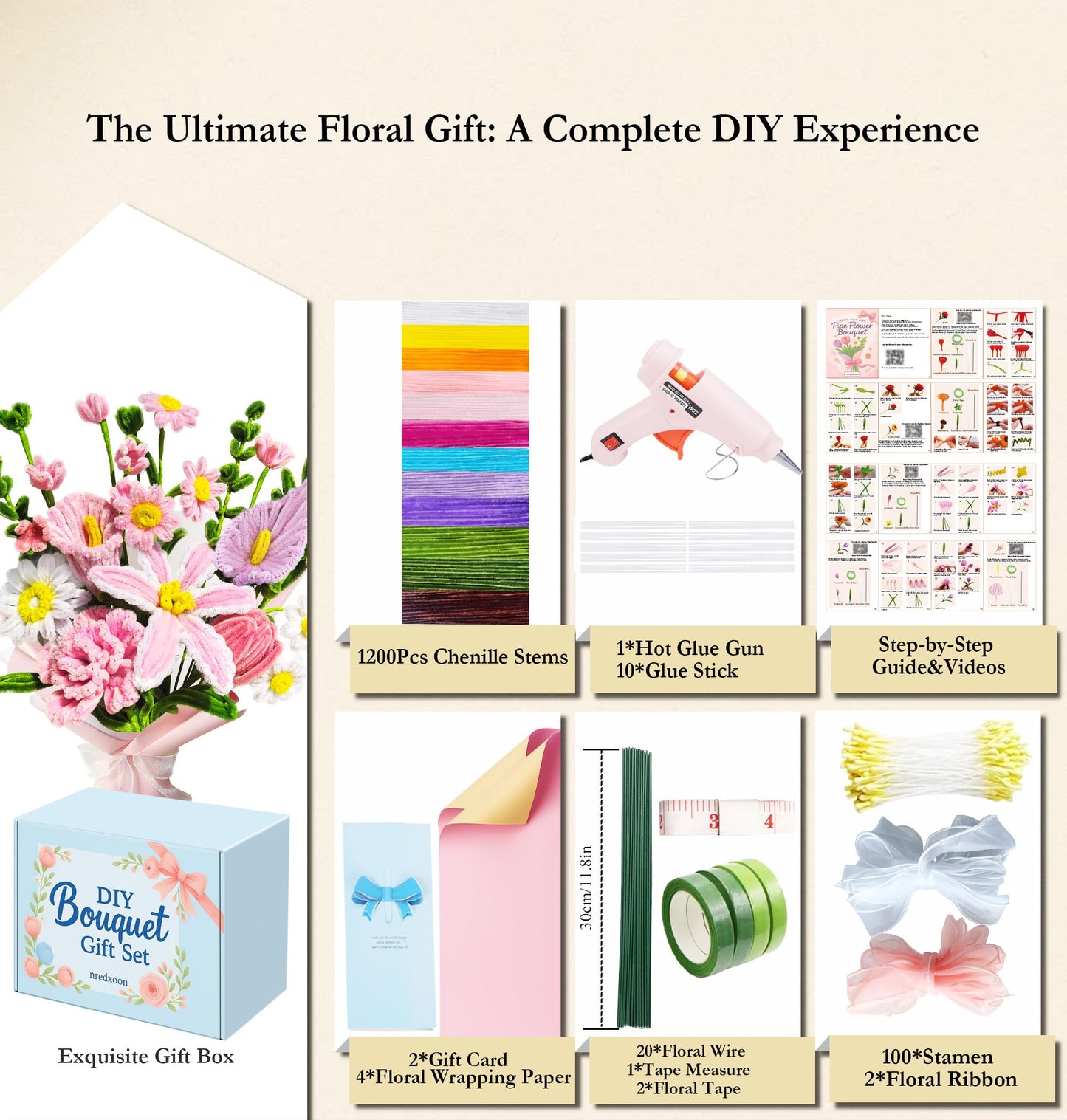 1200Pcs Pipe Cleaner Crafts Flower Kit with Glue Gun & Video Tutorial - 8mm Jumbo Shed-Free Chenille Stems DIY Bouquet Gift Box for Women,Teens,Teachers - Stress Relief,Bonding Time,Art Supplies