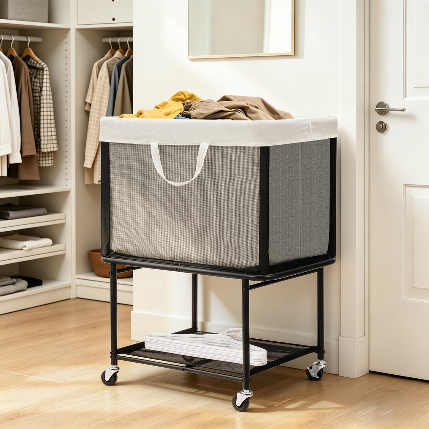 STO STO Rolling Laundry Hamper with Lockable Wheels, 29-Gallon (110L) Laundry Cart with Removable Canvas Bag, 2-Tier Clothes Basket Hamper with Shelf for Closet, Bedroom, Bathroom, Laundry Room, Beige