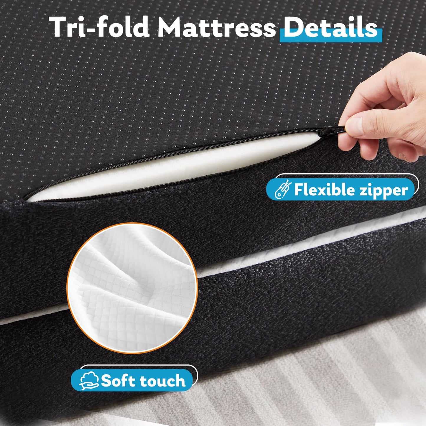 KMFurnila Tri-Fold Twin Memory Foam Pads, 3 inch Folding Topper with Washable Cover, Portable Non-Slip Guest Floor Bed for Camping Travel – Ideal for Overnight Guests, RV, and Outdoor Adventures