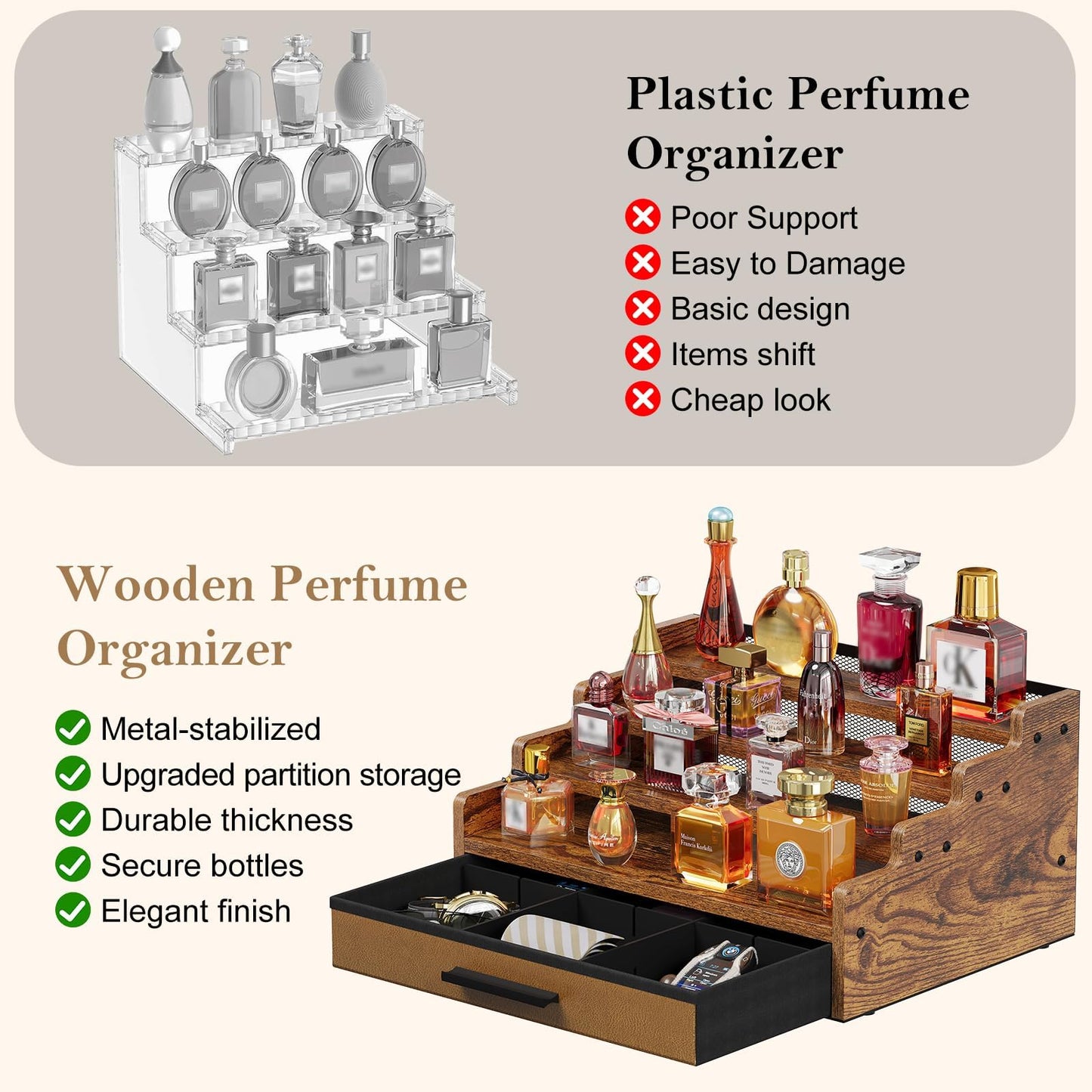 4 Tier Cologne Organizer for Men, Wooden Perfume Organizer with Drawer Storage, Perfume Display Shelf for Cologne, Watch, Grooming and Figures, Perfect Birthday/Easter Gift for Lovers & Fathers