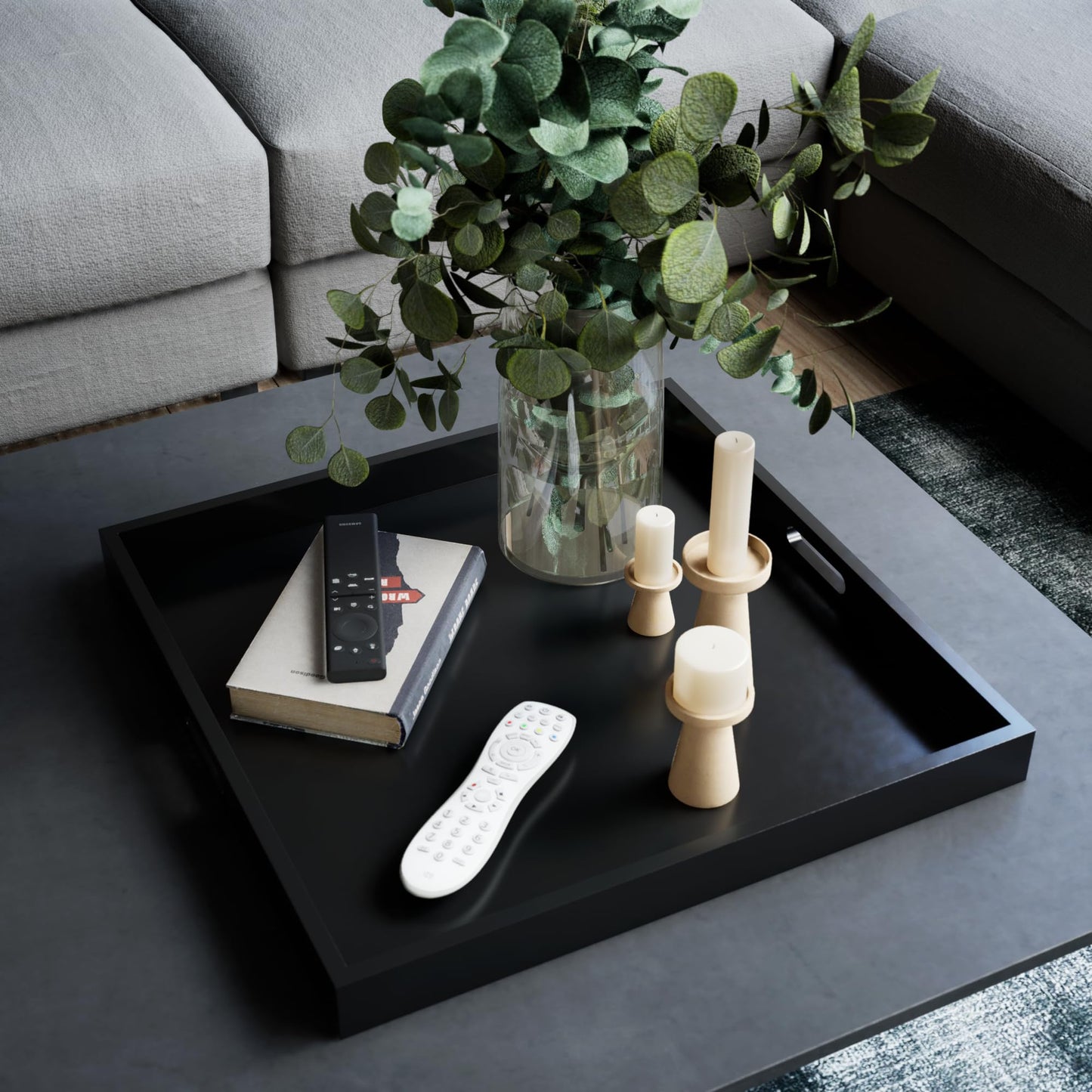 Hanobe Ottoman Tray for Living Room: Modern Extra Large Black Serving Decorative Trays with Cutout Handles for Coffee Table Home Decor, 20"