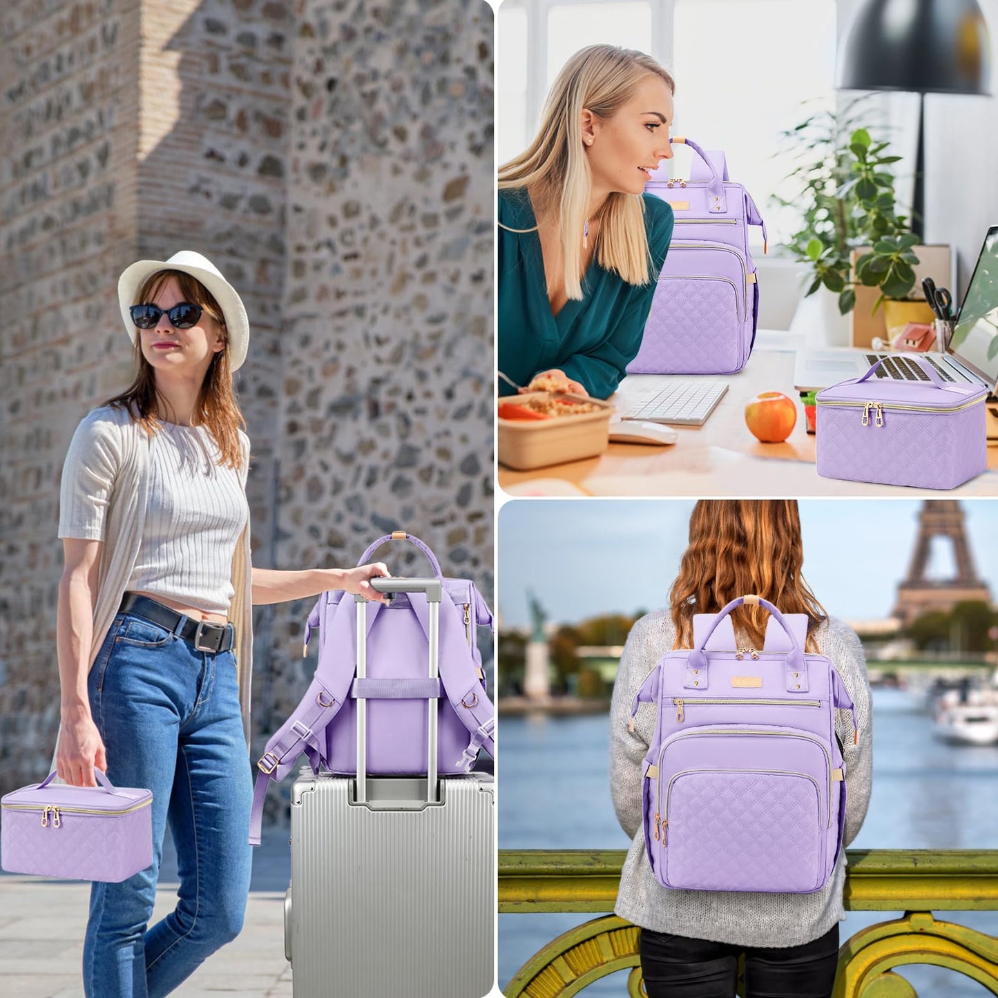 AIJIEKE Lunch Backpack for Women, 15.6 Inch Laptop Backpack with Detachable Insulated Cooler Lunch Box, 2-in-1 Water Resistant Work Computer Bag for Nurse Teacher College Commute, Purple