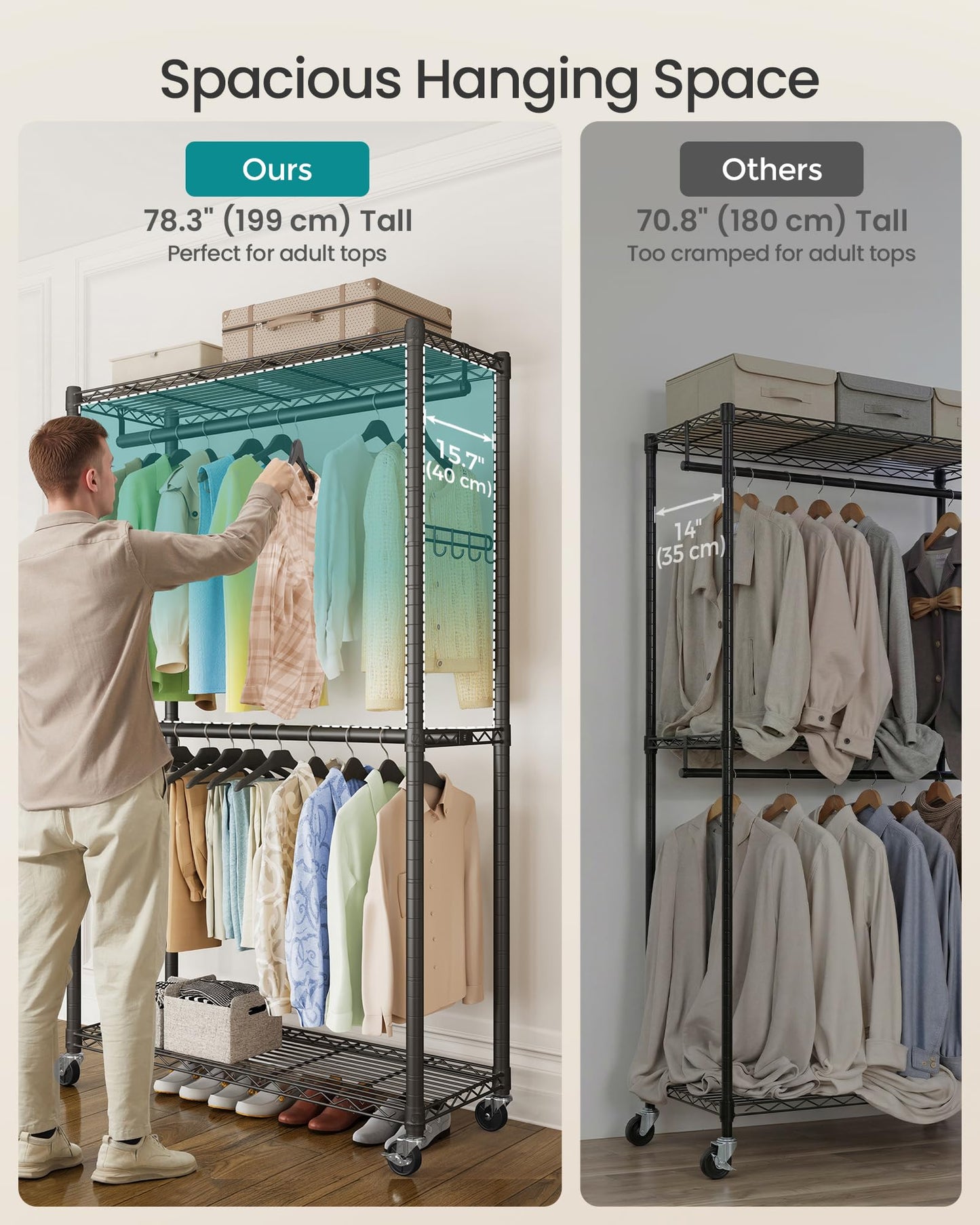 SONGMICS Heavy-Duty Rolling Clothes Rack, Garment Rack, Portable Closet on Wheels, with Adjustable Mesh Shelves and Hanging Rails, Hooks, 15.8 x 35.4 x 78.3 Inches, Ink Black ULGR416BH01
