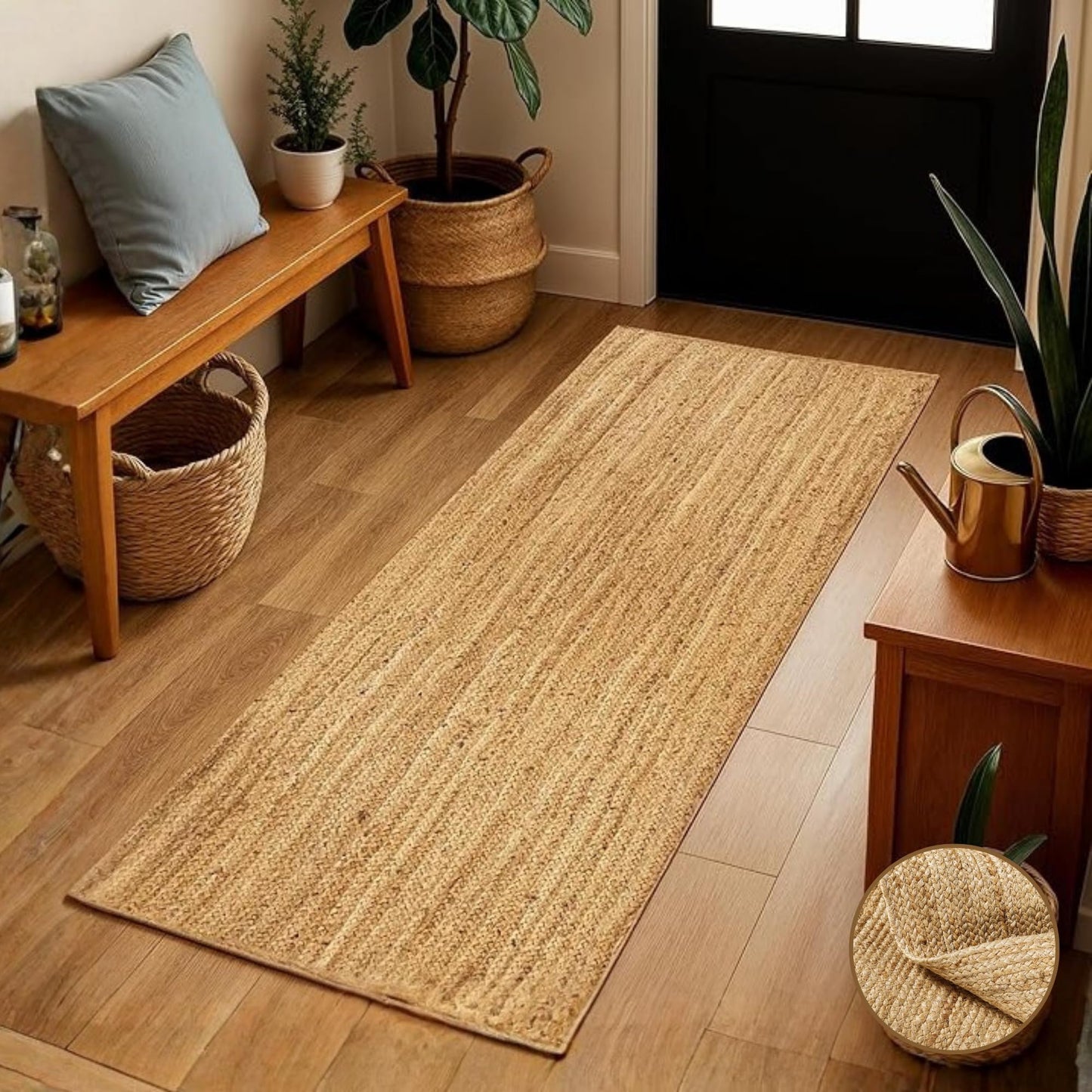 Jute Rug 2x6 Natural Runner Rug with Non-Slip Backing, Low-Profile Farmhouse Hallway Runner, Kithen Rug or Entryway Mat, Eco-Friendly 2x6 Runner for Boho Decor