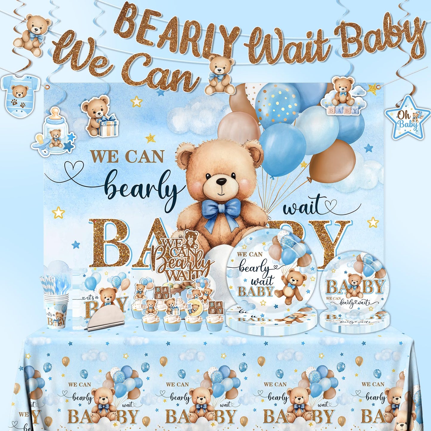 Blue Bear Baby Shower Decorations for Boy, All-in-1 Bear Party Decorations with Balloon Arch Kit Wood Grain Baby Boxes Plates Napkins Cake Toppers Tablecloth Backdrop Blue and Brown Baby Shower Decor
