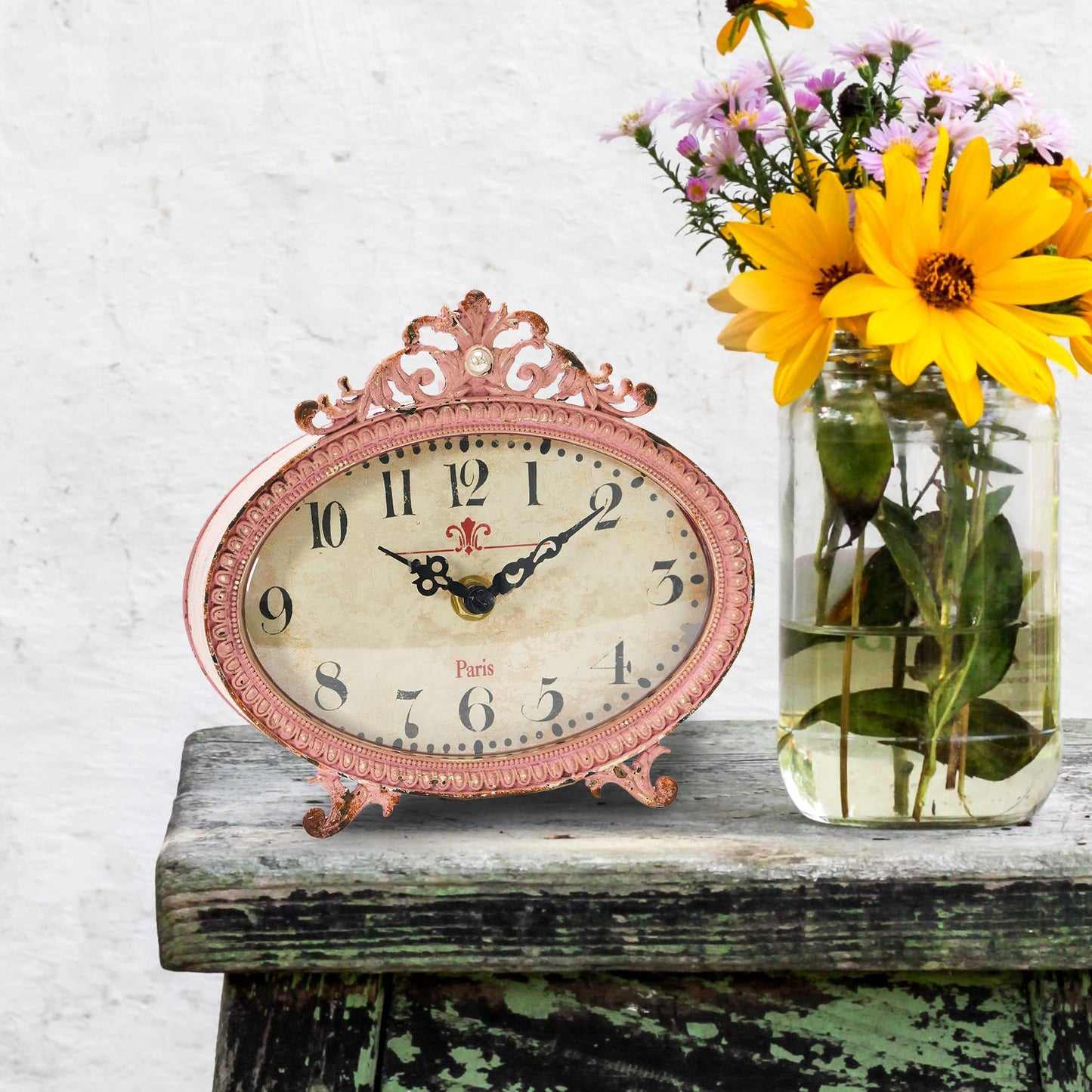 Creative Co-Op Distressed Pewter Mantel Clock, Pink