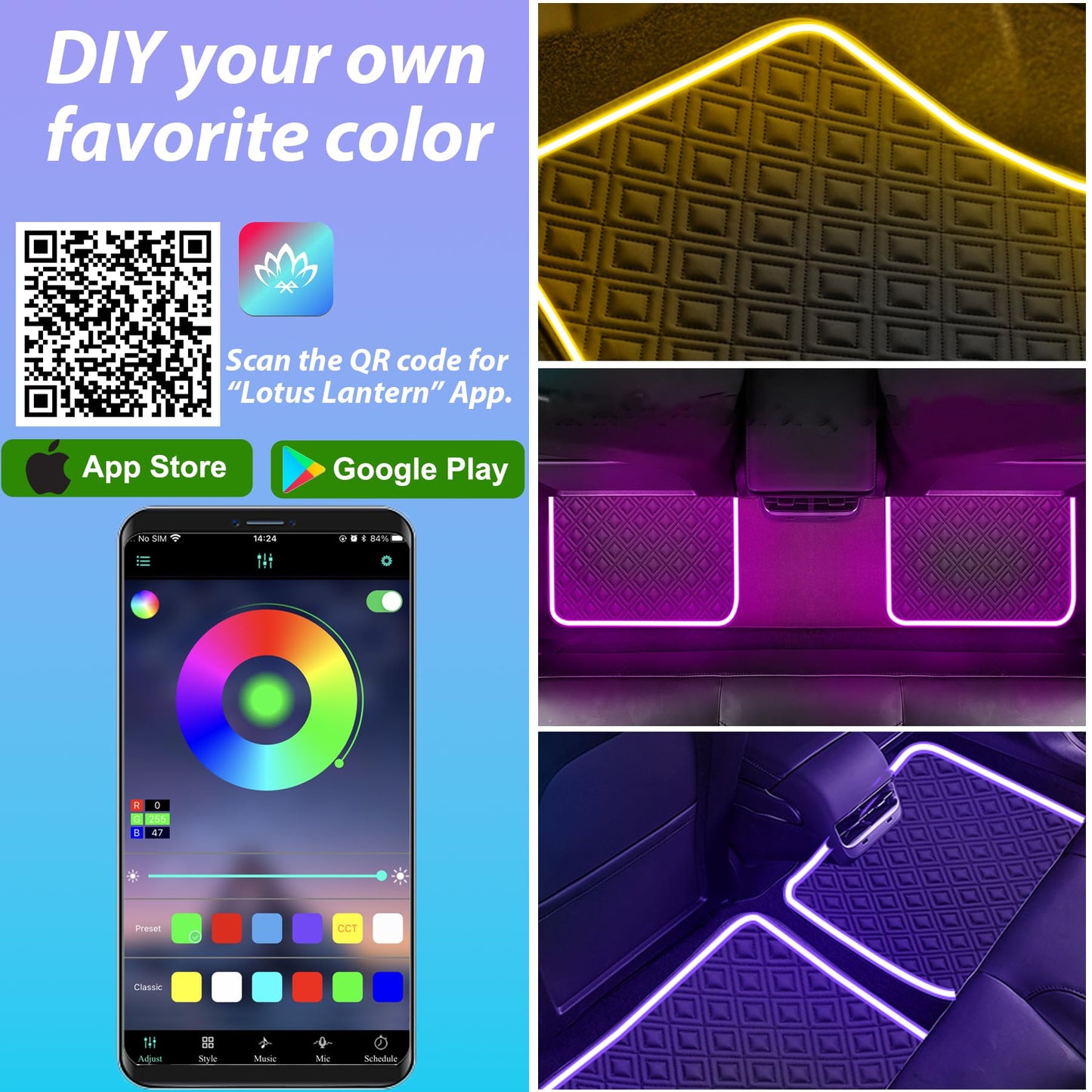 Car Floor Mats with Led Strip Light, Premium Universal Fit Black Automotive Carpet, Interior Car Lights Floor Mats,App Control Faux Leather Anti-Slip Waterproof Neon Car Decor Accessories for SUV Etc.
