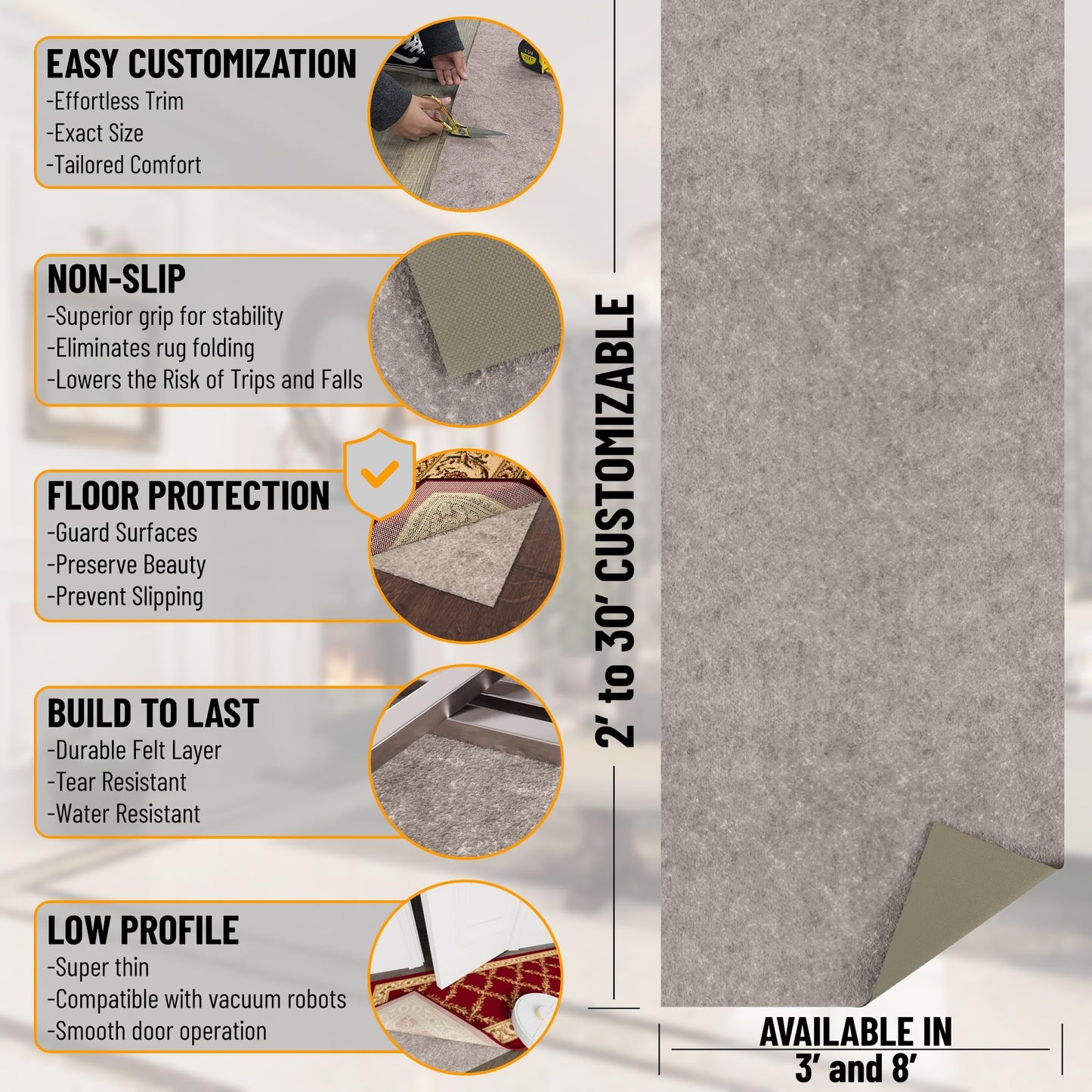 Ottomanson 3' x 10' Non-Slip Rug Pad Gripper 1/4 Inch Thick Dual Surface Felt + Rubber Gripper - Safe for All Floors, Brown