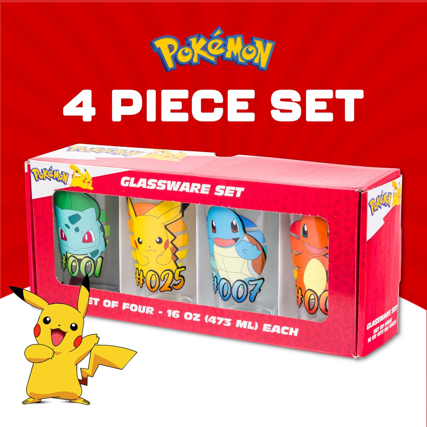 Silver Buffalo Pokemon Original Starters Feautirng Charmander, Squirtle, Bulbasaur, and Pikachu 4 Pack Pint Glass Set, 16 Ounces